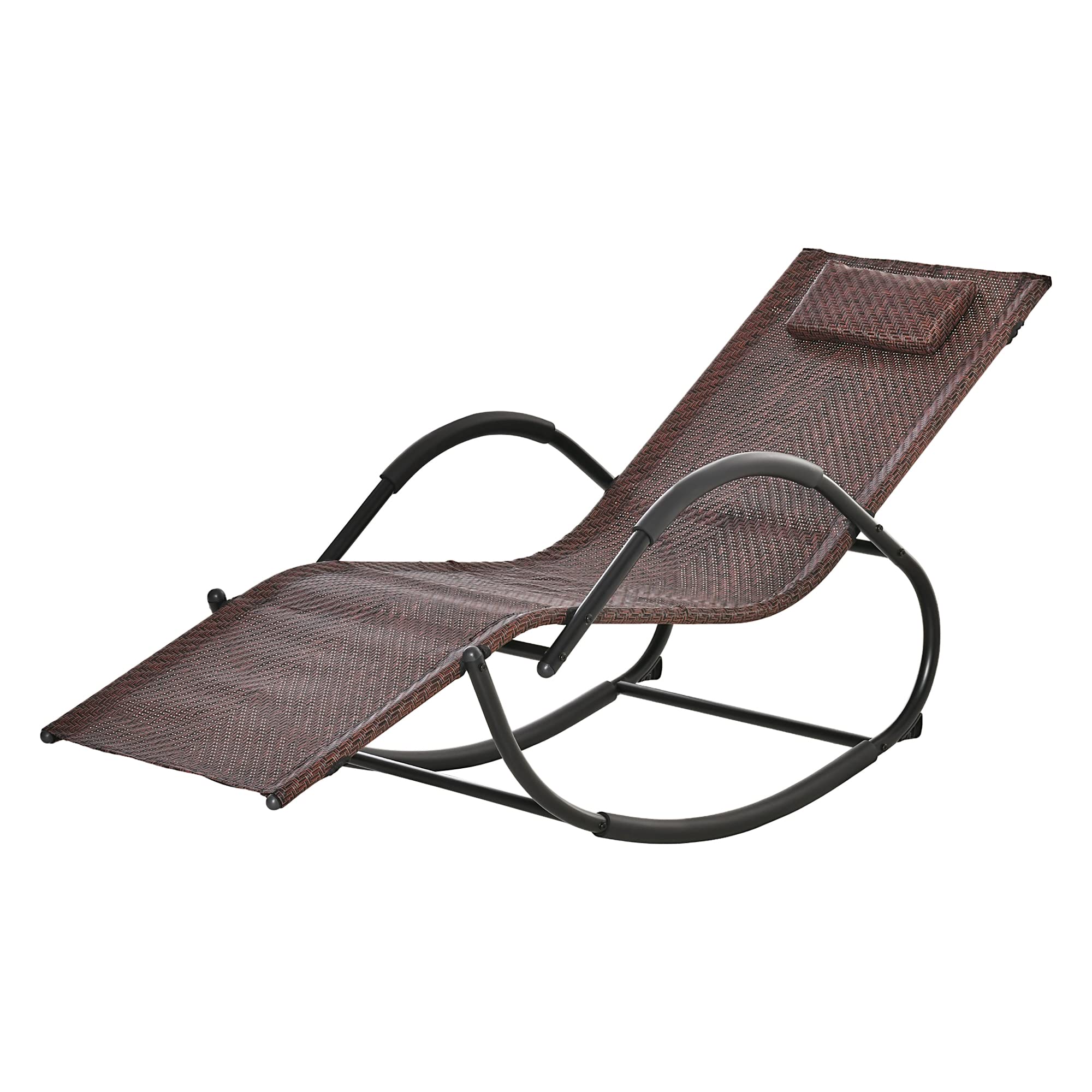 Outsunny Chaise Longue à Bascule Rocking Chair Ergonomique avec tétière Amovible accoudoirs et Repose-Pieds revêtement texitlène Imitation rotin métal 60 x 157 x 84 cm Brun