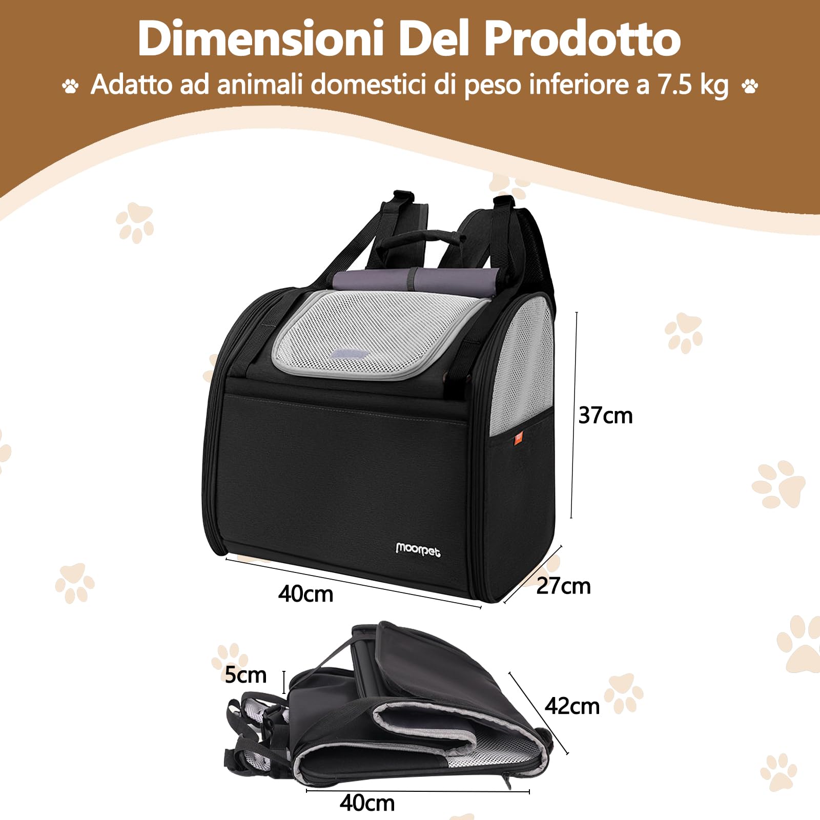 Galatée Zaino Per Animali Domestici, Realizzato In Tessuto Oxford Traspirante, Spazioso, Pieghevole, Con Struttura In Filo d'Acciaio Di Supporto Per Evitare Il Collasso (Nero)