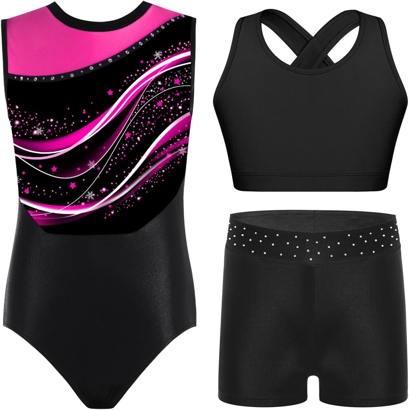 Kids Girls Gymnastic Dance Outfits Sleeveless Color Patchwork Gymnastics Unitard with Sports Bra Shorts Set
