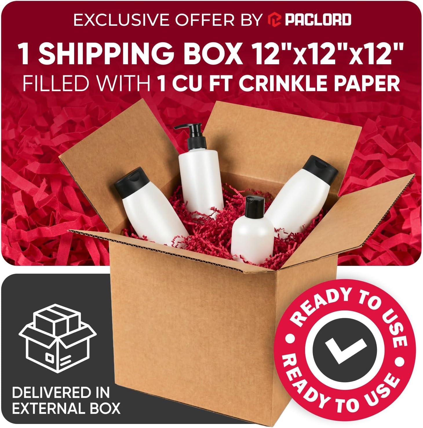1 Cu Ft Ready To Ship Carton with Red Crinkle Paper Filler - 12" x 12" x 12" Double Wall (HD) Shipping Box with Shredded Paper for Gift Baskets, Decorative Box Filler, Confetti Gift Stuffing