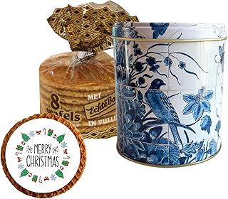 DeReuze Dutch Stroopwafels Gift Set – Caramel Waffle Cookies in Blue and White Bird Delft Style Holland Tin – Includes Gift Message: Happy Birthday, Thank You, Get Well for Coffee & Tea Lovers (Merry Christmas)