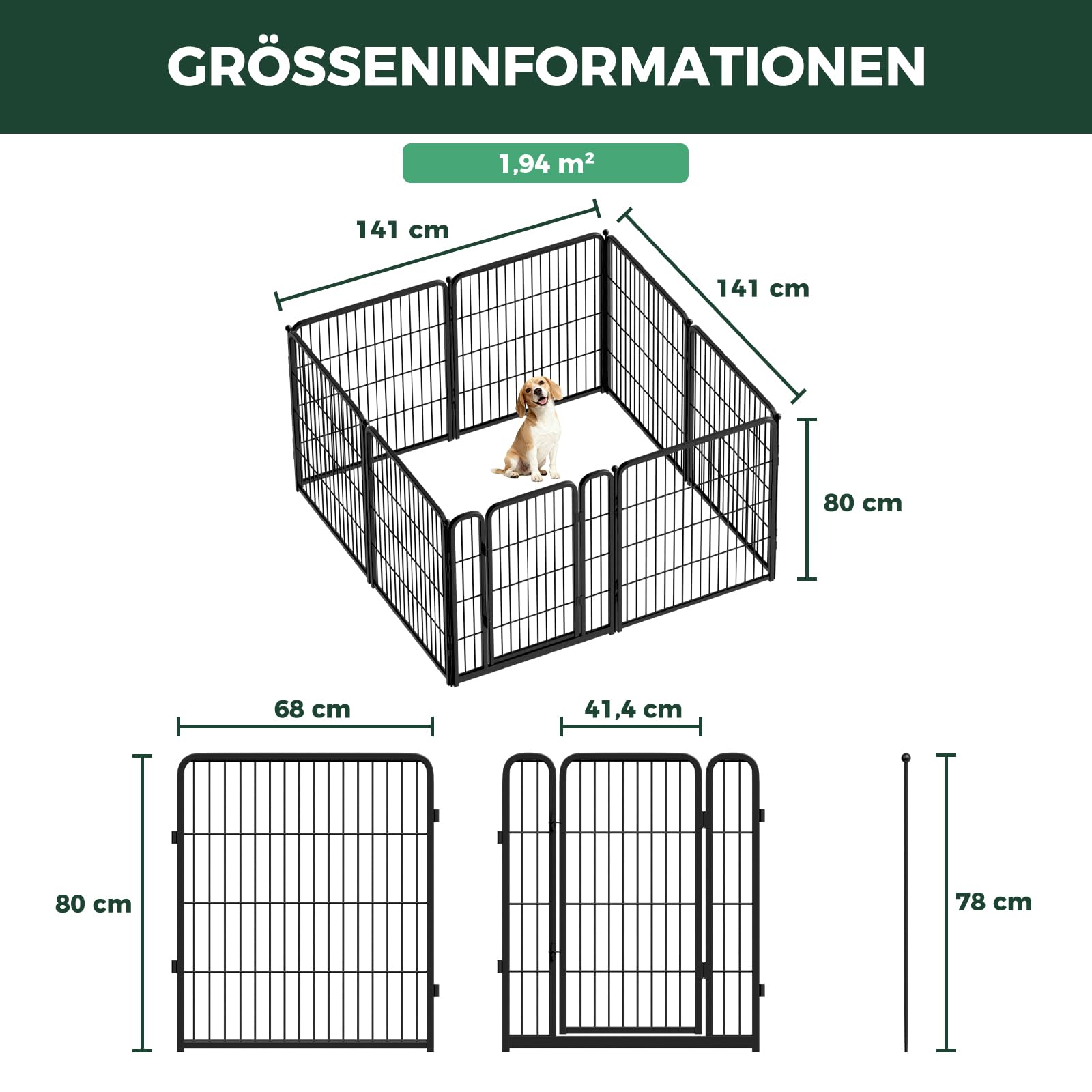 fxw Homeplus Hundelaufstall 80cm 8 Drahtpaneele Hundeauslauf für Mittelgroße Große Hunde Schwarz
