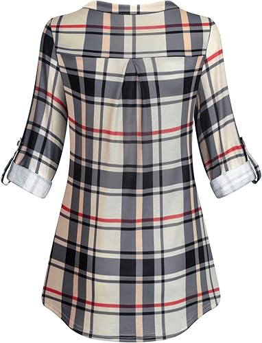 Miniatura 3 de Tanst Sky Blusas túnicas casuales de manga larga con cremallera y cuello en V a cuadros para mujer