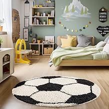 HomebyHome Children's Rug Round Black 100 cm – Football and Basketball Design – Soft Long Pile for Baby, Girls and Boys Room