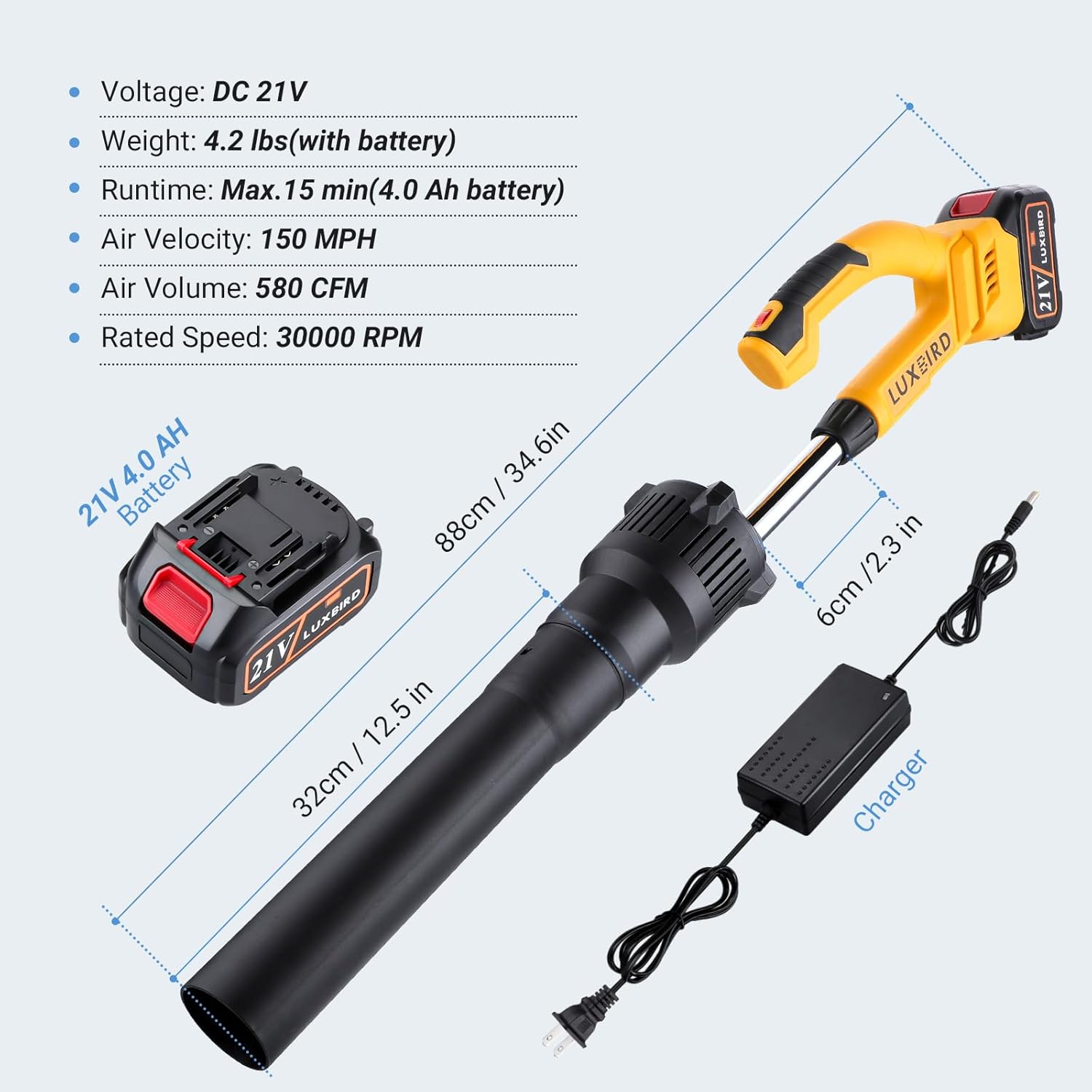 LUXBIRD 21V Leaf Blower Cordless with Battery and Charger, 5 Variable Speed Up to 150 MPH, Lightweight, 4.0Ah Battery Powered for Cleaning Lawn, Courtyard, Garage, Rooftop, Snow