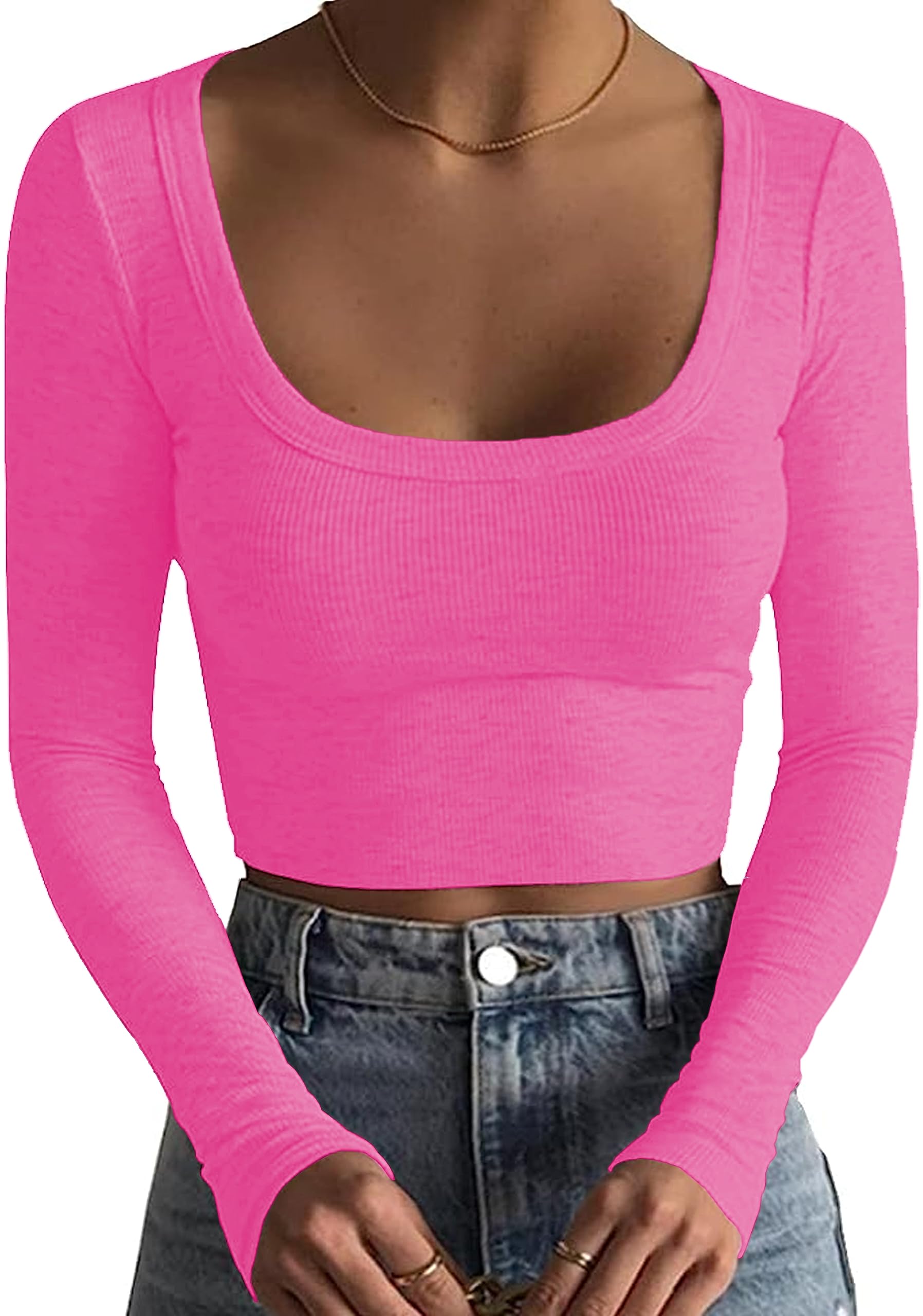 iGENJUN Women's Square Neck Long Sleeve Ribbed Slim Fitted Casual Long Sleeve Shirts Basic Crop Top 2024 Trendy Clothes X-Large Hot Pink