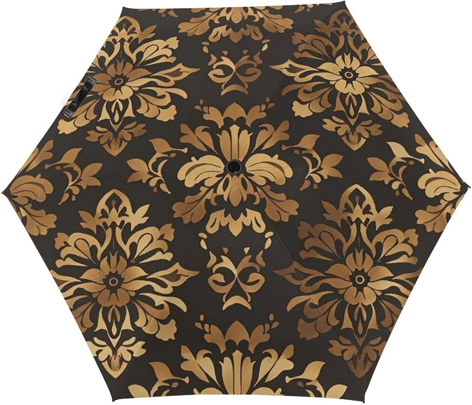Vintage Gold Black Tan Floral Printed Exterior 5 Fold Umbrella,Windproof Travel Umbrella for Sun Protection, Small Portable,Compact Umbrellas for Travel, Purse Or Backpack