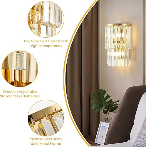 Miniatura 7 de SILJOY Lámpara de pared de lujo moderna de cristal para la cabecera del pasillo del baño de oro altura de 10.0 in