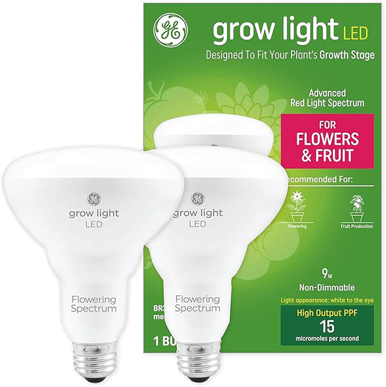 GE Grow Lights for Indoor Plants, BR30 Indoor Floodlight, LED Light Bulbs for Flowers and Fruit, Advanced Red Light Spectrum, 25,000 Hours Lifespan, 15 PPF, 2 Pack (Packaging May Vary)
