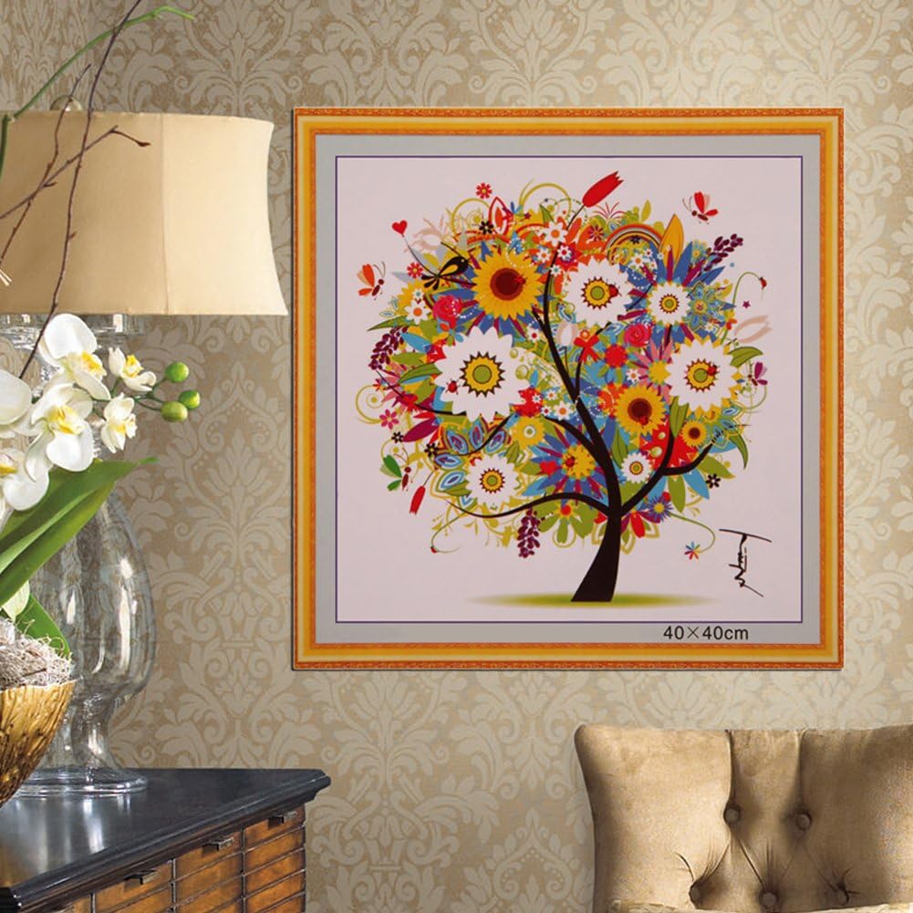 Printed Cross Stitch Kits,Alloyseed DIY Colorful Four Season Tree Stamped Cross Stitching Embroidery Kit Cross-Stitch Supplies Needlework Holiday Crafts Gifts 17.3X17.3 inch (Summer)