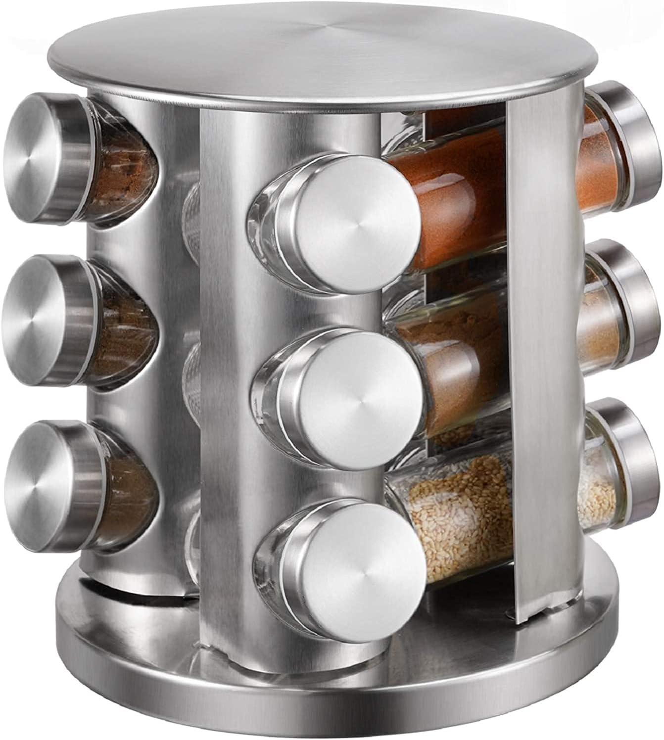 TRAY Spice Rack 12 Jars Revolving Countertop, Spice Organizer Tower, Spice Carousel Stand Holder Stainless Steel Top Glass Jars for Kitchen 1pcs