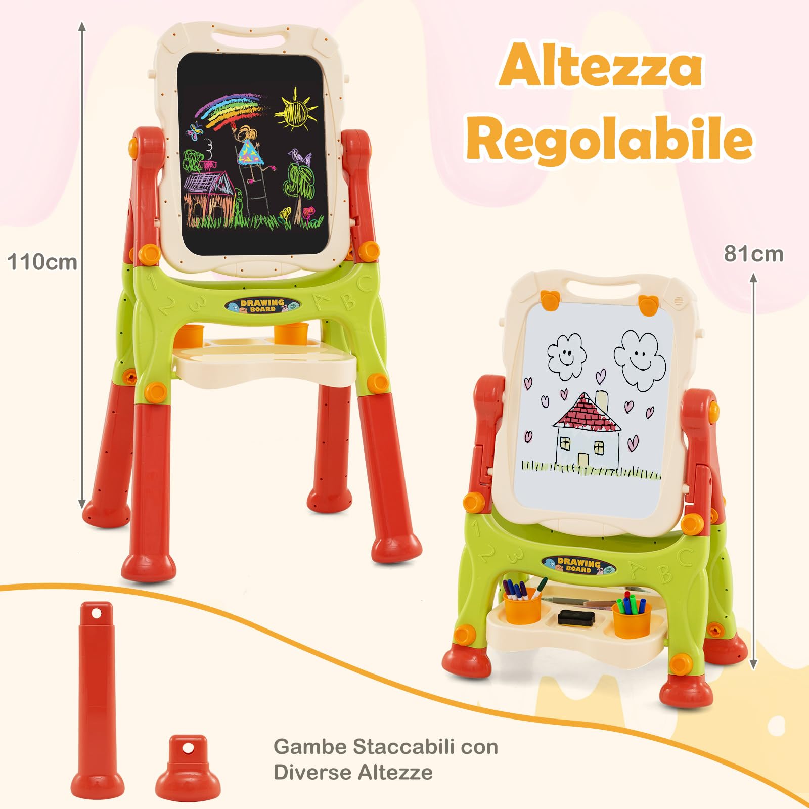 RELAX4LIFE Cavalletto con Tavola Rotante Doppia Faccia per Bambini, Cavalletto Artistico con 2 Altezze Regolabili e Tavola da Disegno Rimovibile, Regalo di Compleanno per Ragazzi e Ragazze (Arancione)