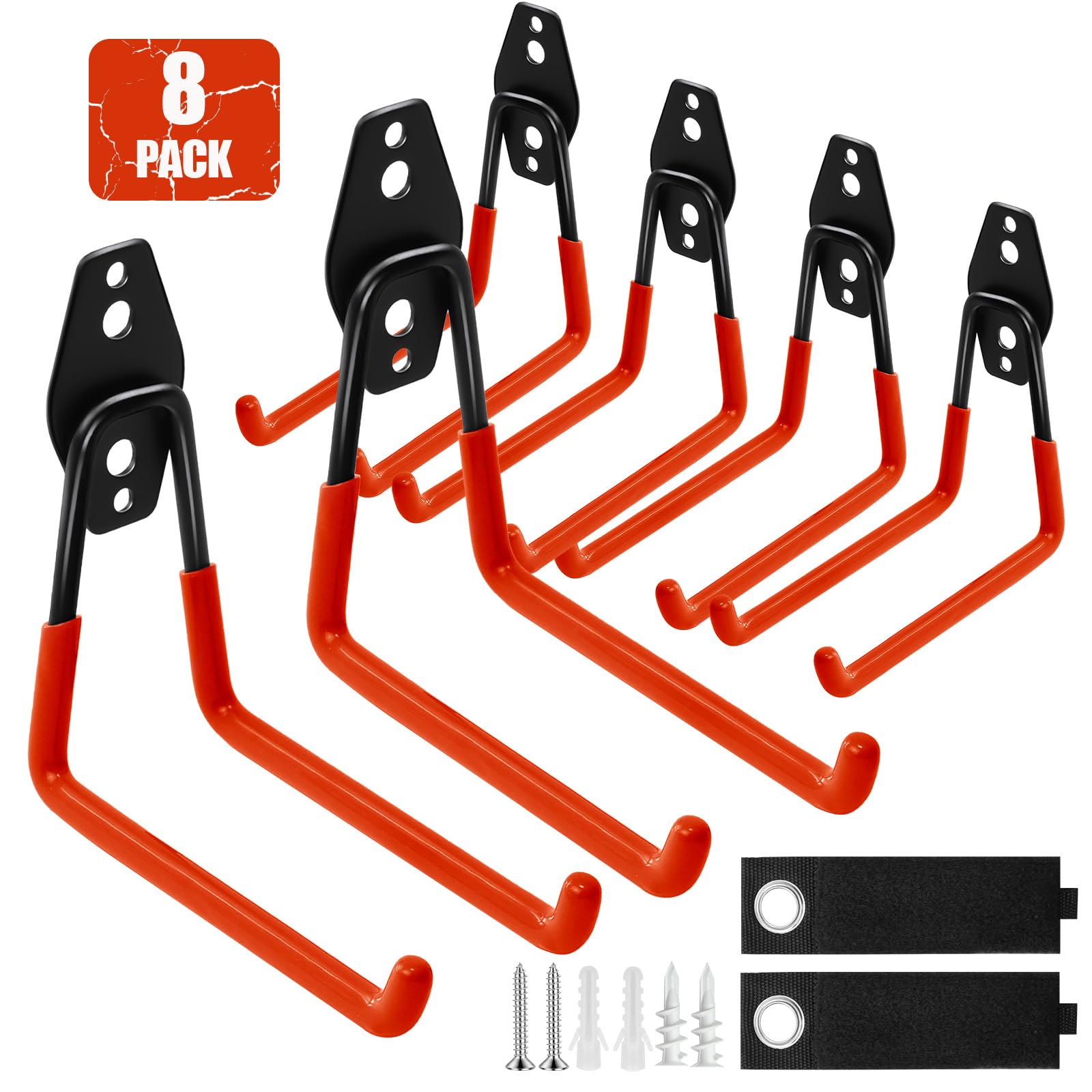 5.1 inch Garage Organization Hooks, 6 Pack Wall Mount Holders with 2 Extension Cord Straps, Large Hooks Anti-Slip Coated, Heavy Duty Storage Utility Hangers for Bike, Ladder, Power and Garden Tools