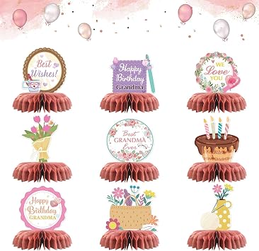 Happy Birthday Grandma Table Honeycomb Centerpieces, Happy Mothers Day 3D Honeycomb Table Toppers Women Mum Birthday Party Table Decorations Best Grandma Favor Photo Booth Props 9 PCS
