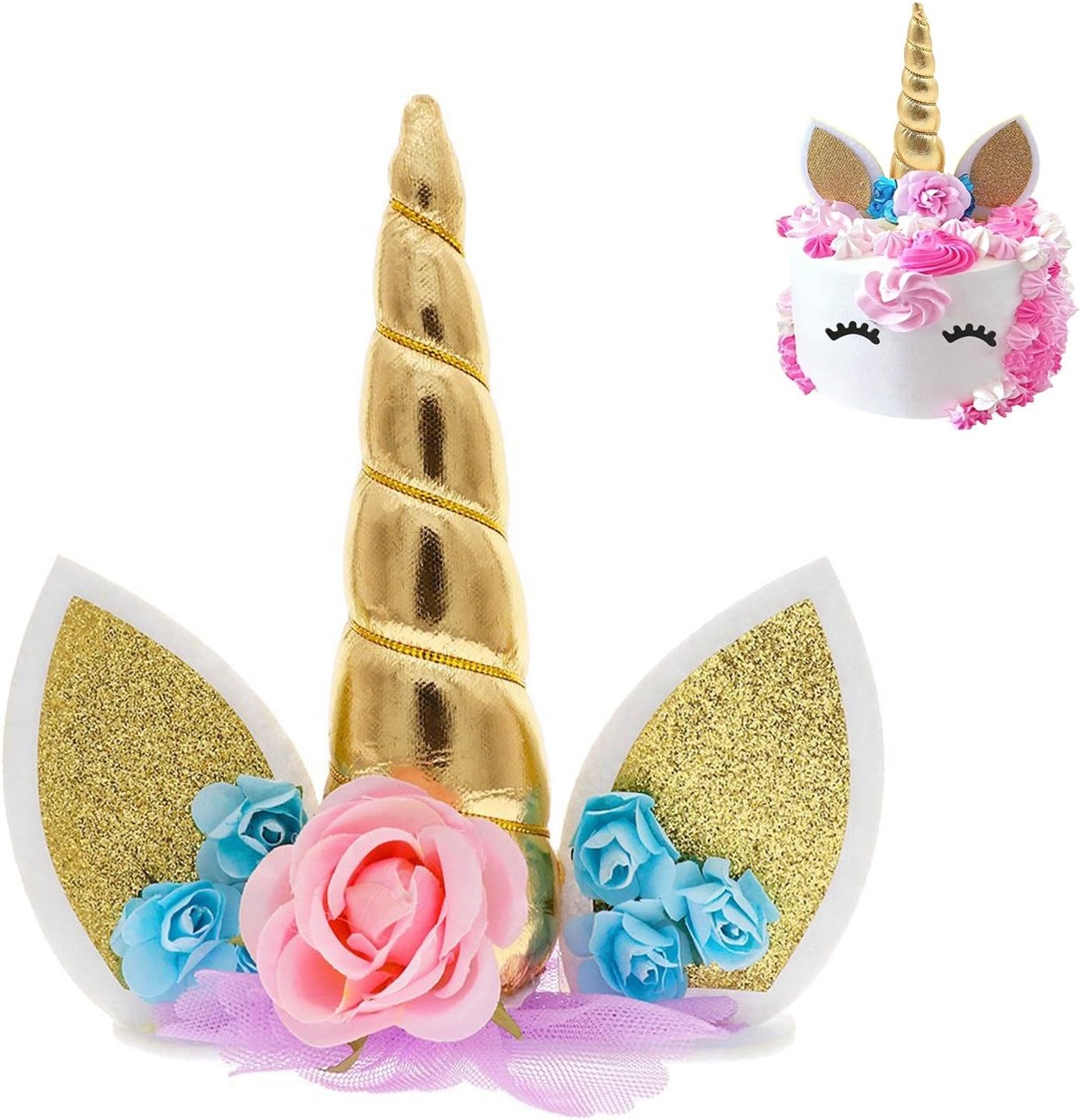 Unicorn Cake Topper & Rainbow Cupcake Wrappers Kit (Set Includes Horn, Ears, Eyelashes) + Happy Birthday Banner Decor | Unicorn Theme Decorations & Supplies Pack - Favors For Kids Party