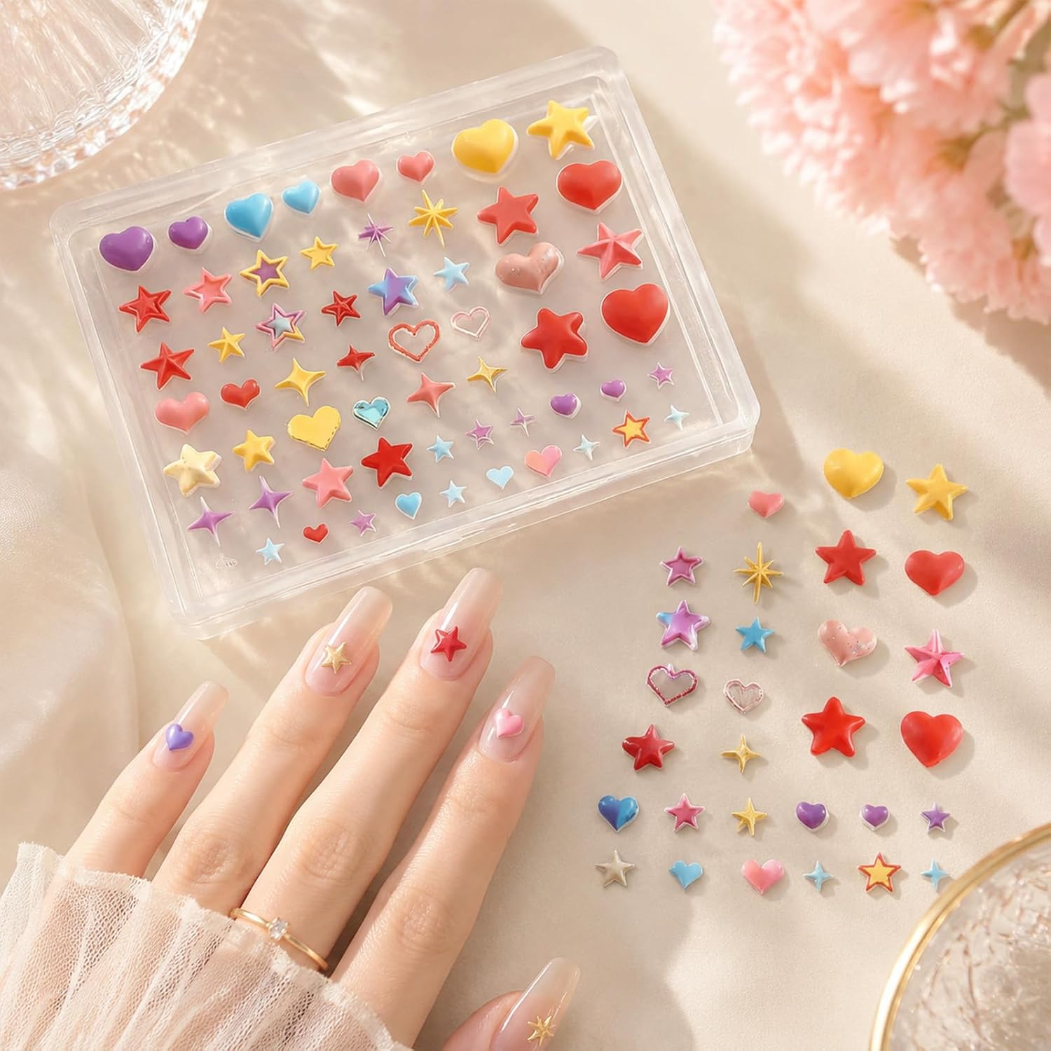 2 Pcs Silicone Nail Art Molds, Star Heart Silicones | 3D Nail Art Silicone Nails Molds Nails Charms Mold for DIY Manicure NailDecorations, Clear Cherry Heart Star Patterns