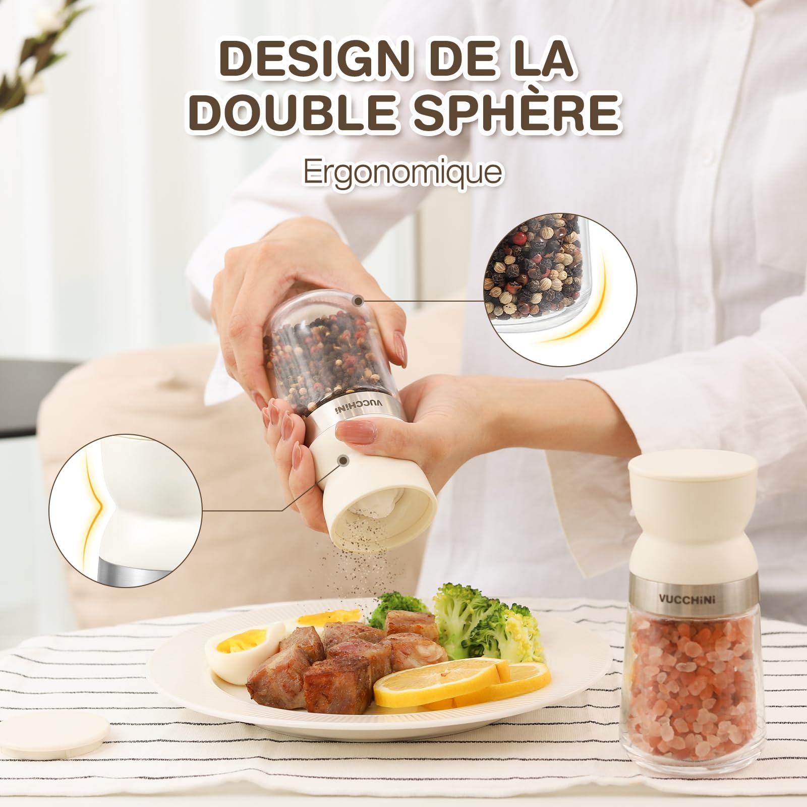 Vucchini Moulin à Sel et à Poivre 2 Ensembles avec Noyau en Céramique, Grosseur Ajustable, Beige