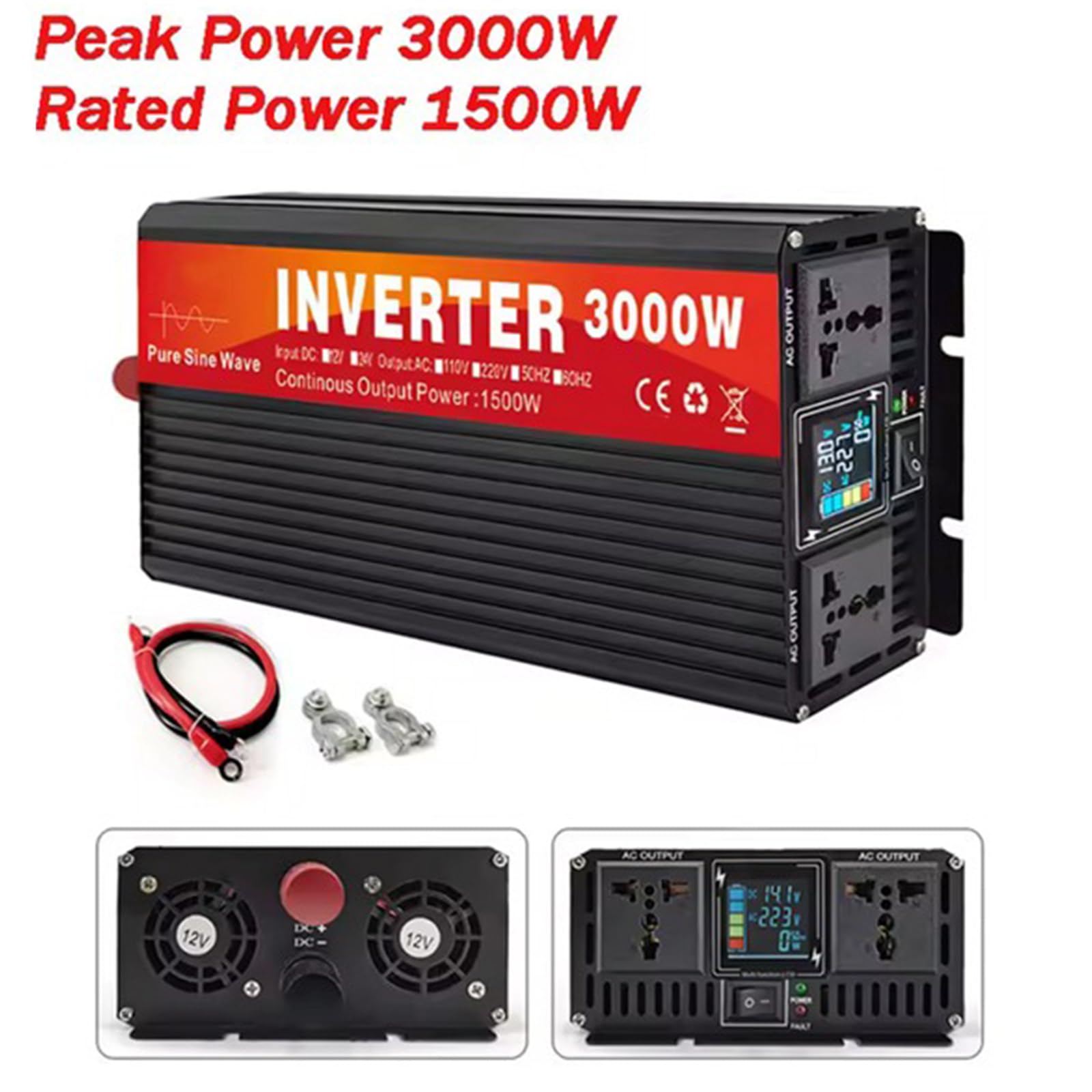 Falownik solarny o czystej fali sinusoidalnej 120 V/220 V, przetwornica mocy DC 12 V-72 V na 50 Hz/60 Hz, 2000 W/4000 W (szczytowa), falownik samochodowy do pojazdów