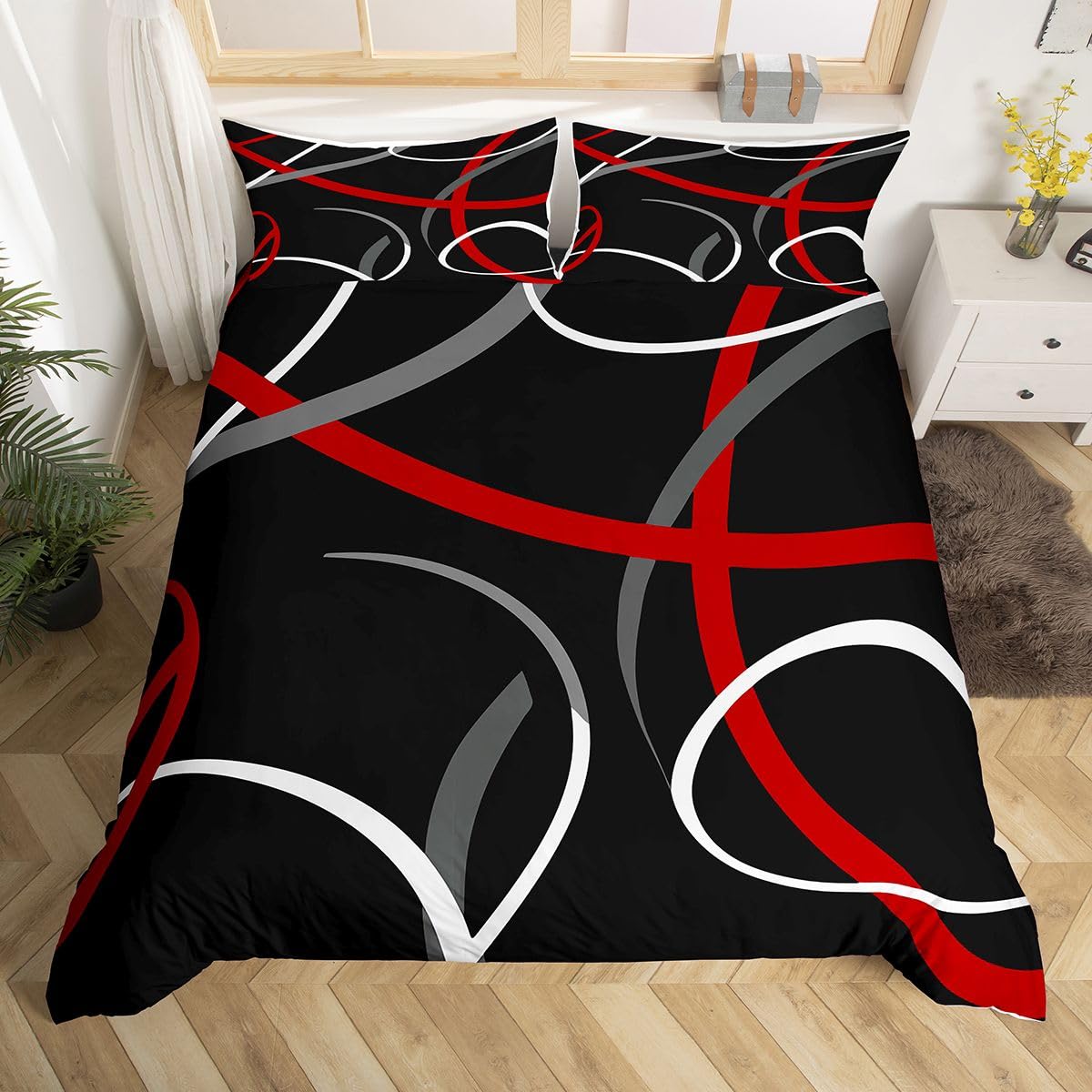 Homemissing Boys Multicolored 13218 Red Grey And Black Duvet Cover Geometric Swirl Bedding Set Retro Circle Comforter Cover For Girls Abstract Art Bedspread Cover Quilt Cover With 1 Pillow Case Single