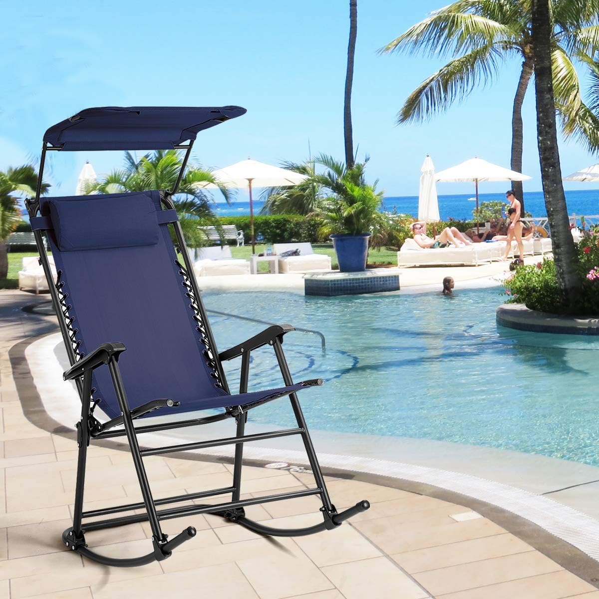 Goplus Folding Rocking Chair w/Shade Canopy, Portable Zero Gravity Recliner for Outdoor Lawn Beach Patio Pool