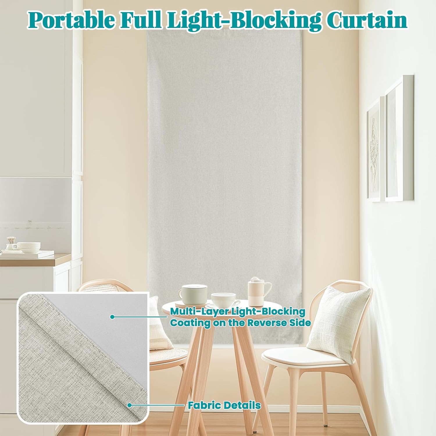 100% Blackout Self Adhesive Curtains Portable Curtain Simple and Easy to install Bedroom Window Thermal Lnsulated Kitchen Room Darkening Black Small Drapes, W35 x L72 inch, 1 Panel, Light Beige