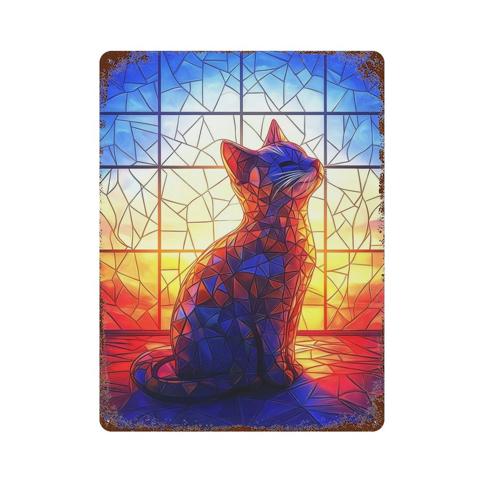 Stained Glass Cat Vintage Rust Metal Sign 15.7"x11.8", Farmhouse Wall Decor for Garage, Pub Or Kitchen