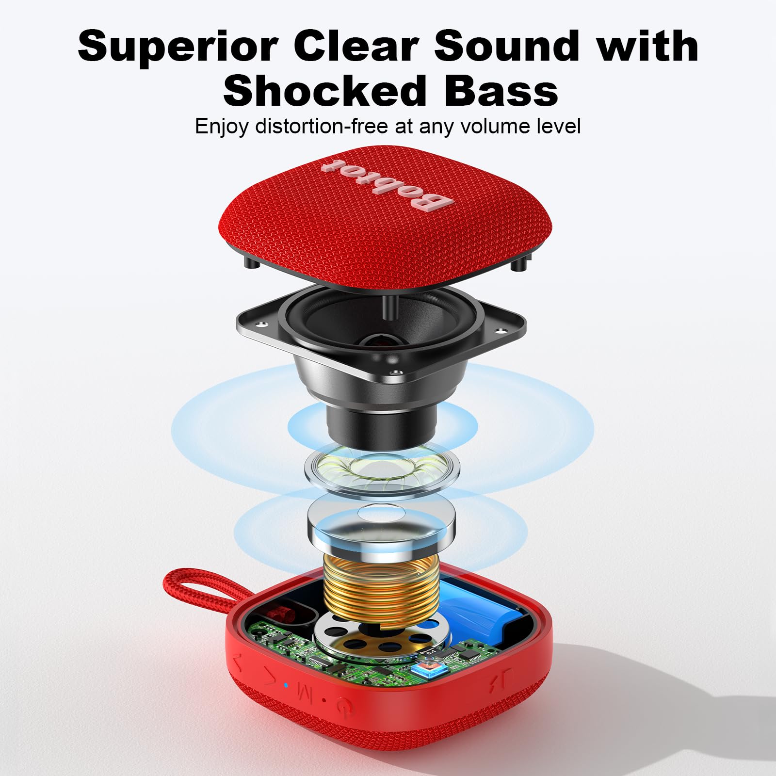 Bobtot Altoparlanti Bluetooth portatili, mini altoparlante wireless IPX7 impermeabile con 16 ore di riproduzione, suono stereo forte, TWS, microfono integrato, di piccole dimensioni con cordino, rosso