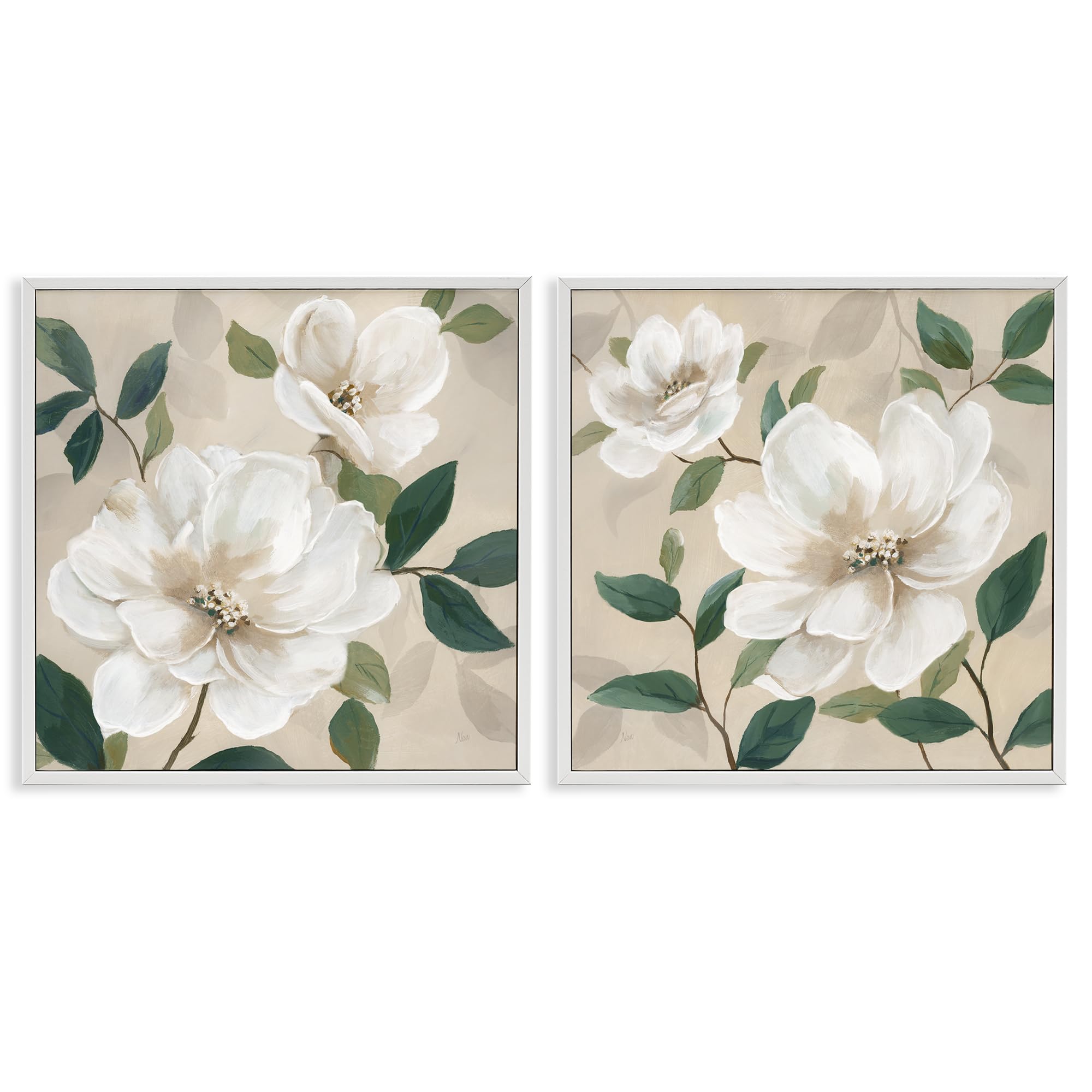 'Serene White Blossoms & Foliage'| 2pc Framed Giclee Art Set 2