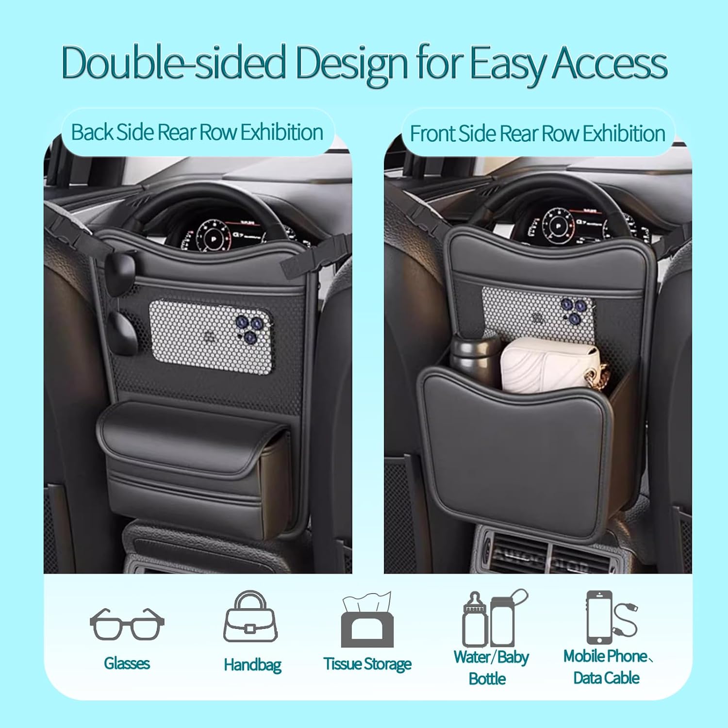 Car Back Seat Organizer with Double-Sided Storage & Tissue Holder - Universal Fit for Sedans, SUVs & Trucks - Durable Car Storage Pocket for Phones, Water Bottles & Essentials