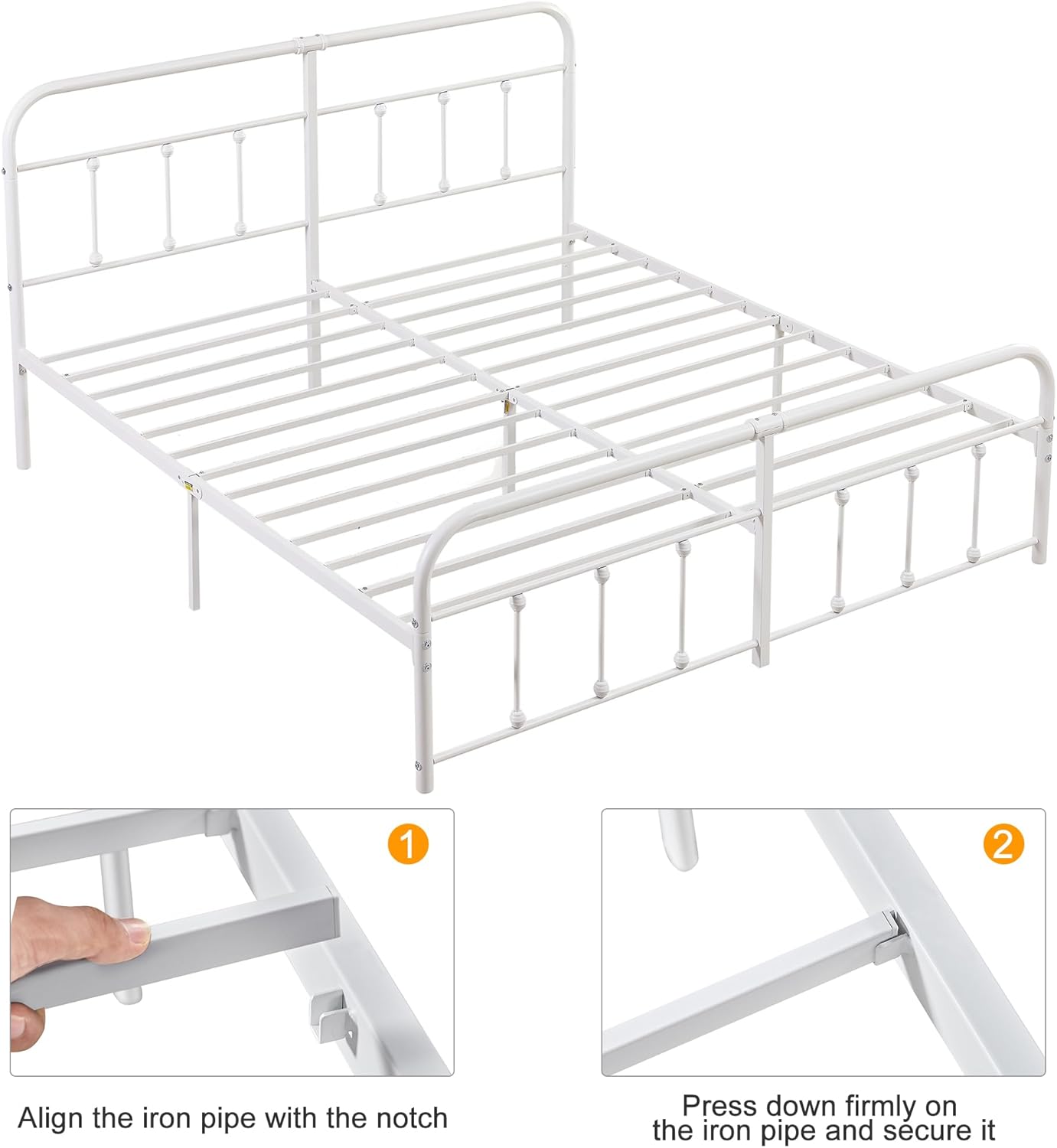 VECELO King Size Victorian Style Metal Bed Frame with Headboard Classic Metal Platform Bed Frame Mattress Foundation with Footboard/Under Bed Storage/No Box Spring White