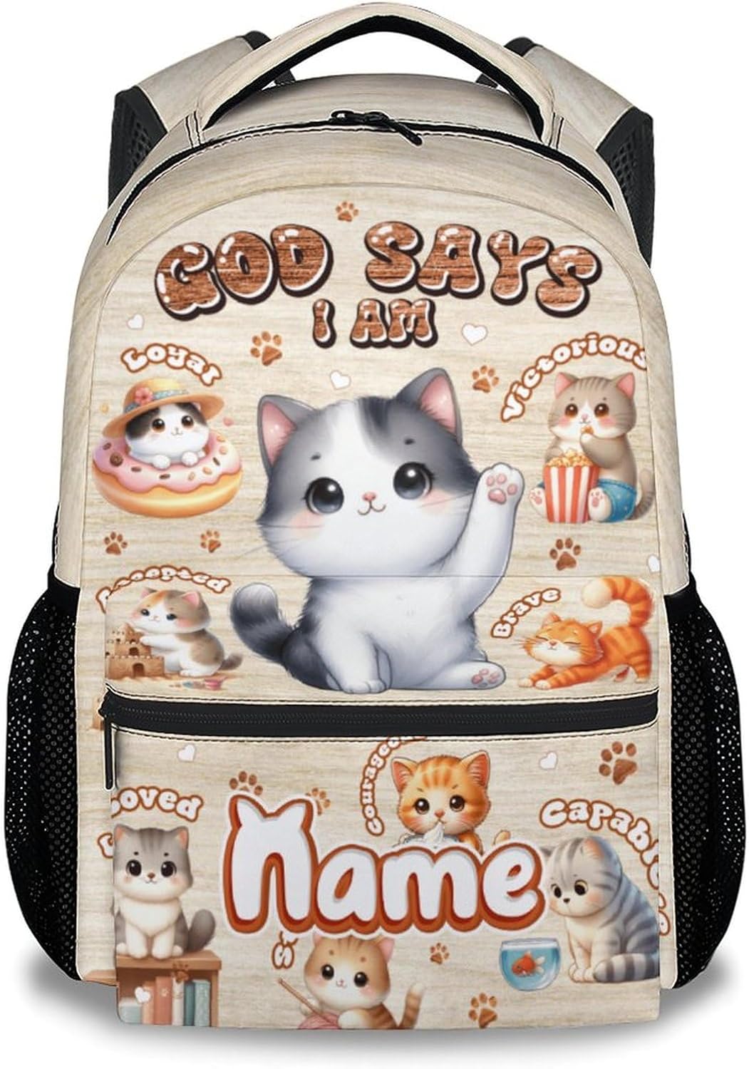 School Backpack for Girls Boys - Cat Backpack for Cat Lovers - Personalized Kids Bookbag - 17 Inch Toddler School Bag with God Says I Am, Custom Christian Gifts