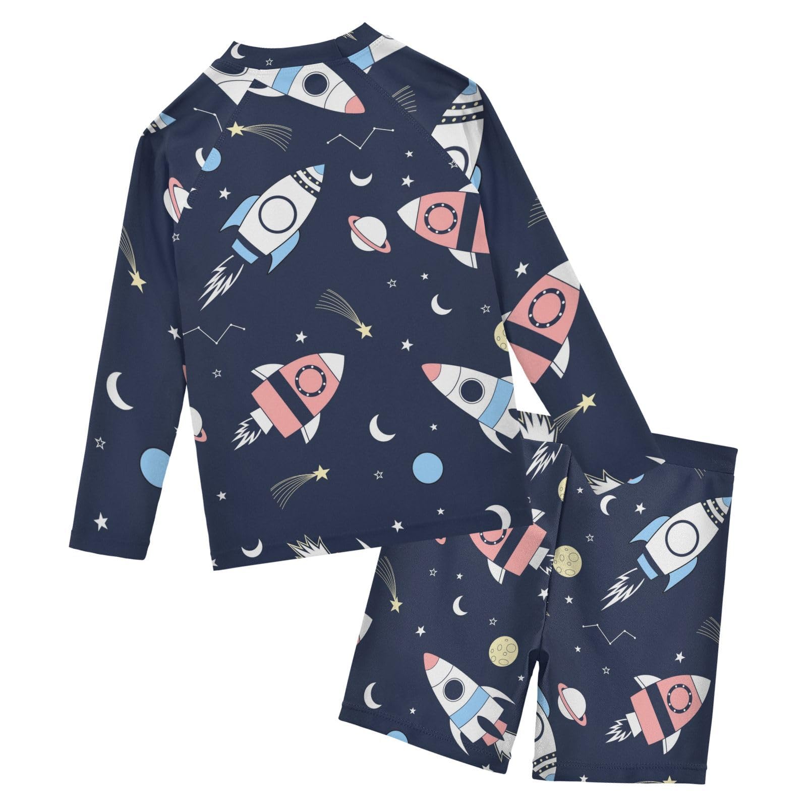 Aflyko Kids' Bathing Suit Set Blue Pinks Spaceship Shooting Star Long Sleeve Swim Tops with Shorts Summer Vacation Pool Party Rashguard Fun Cute Infant Beachwear, 4T