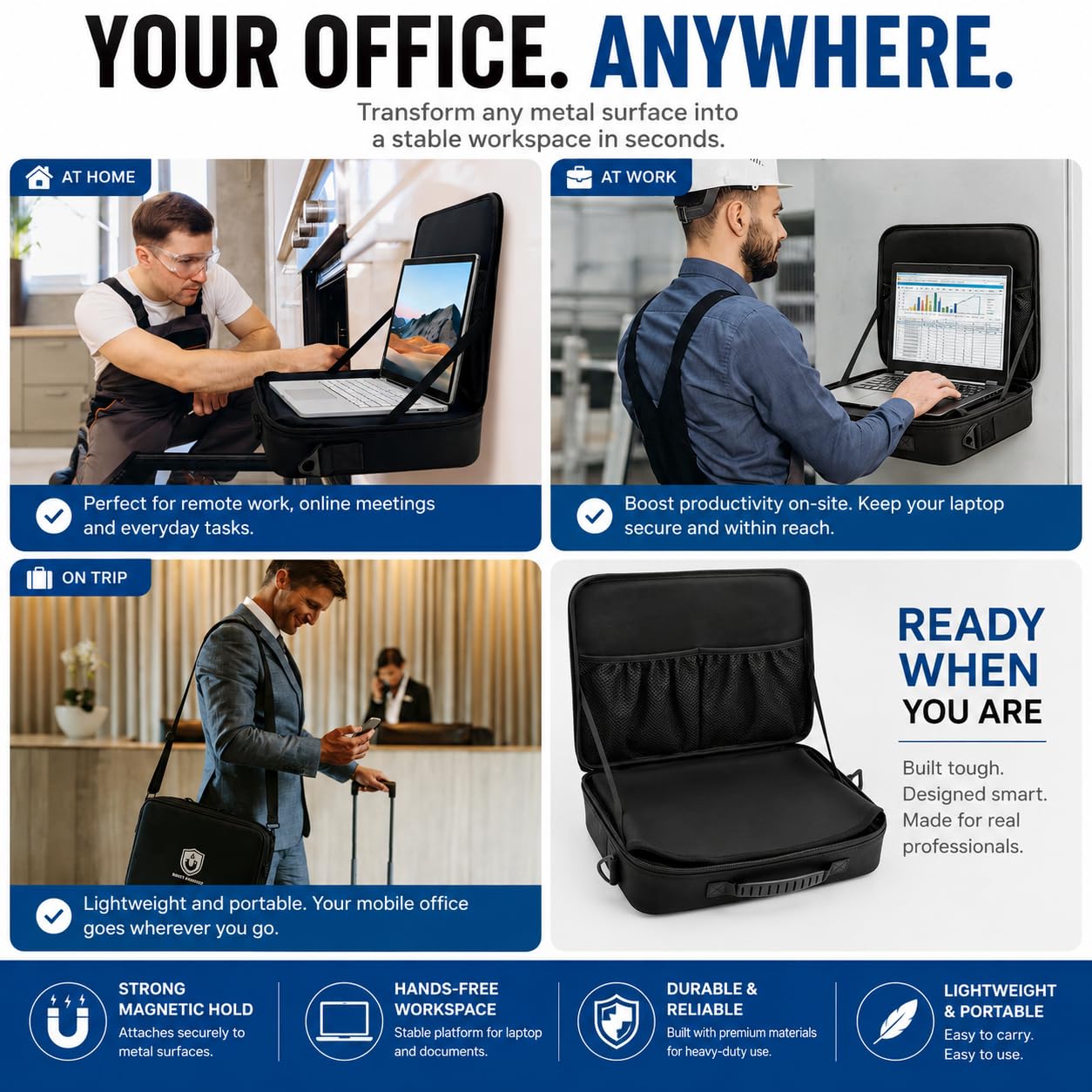 Postazione di lavoro magnetica portatile per computer portatile per tecnici, postazione di lavoro a 18 magneti, portata fino a 27 kg, cassetta degli attrezzi magnetica, robusto supporto per
