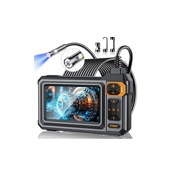 Borescope Dual Lens Endoscope Camera with Light, 4.3" IPS 1920P HD Inspection Camera, 7.9mm IP67 Waterproof with 8+1 Adjustable LEDs, 16.5FT Semi-Rigid Snake Cable for Mechanic, Cool Gadgets for Men