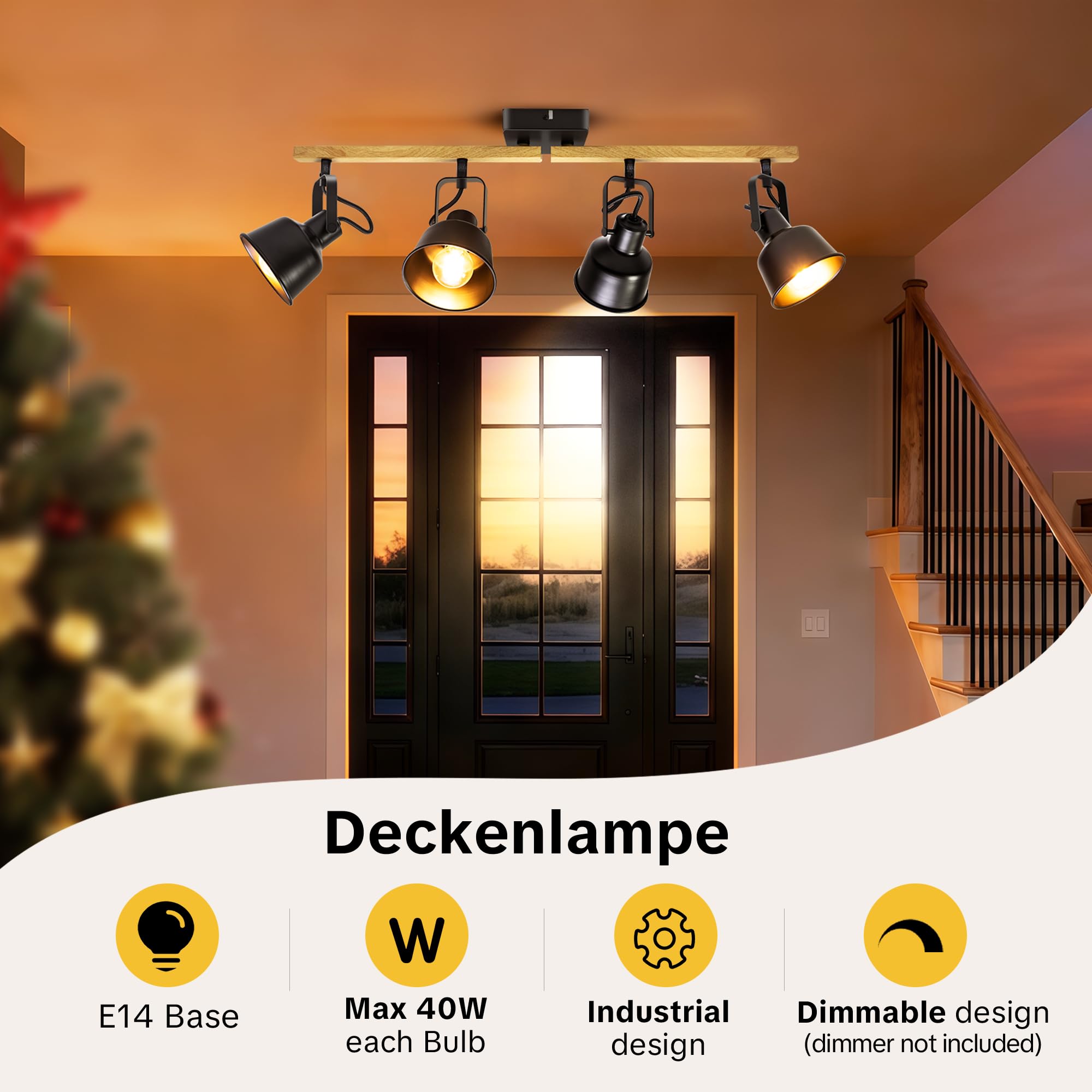 Lámpara Techo Focos, 4 Focos Led Interior Techo Base E14, Apliques Techo Focos con madera Base Rectangular, 350° Giratorios Plafón Foco de Techo LED, Negro (Sin Bombilla)