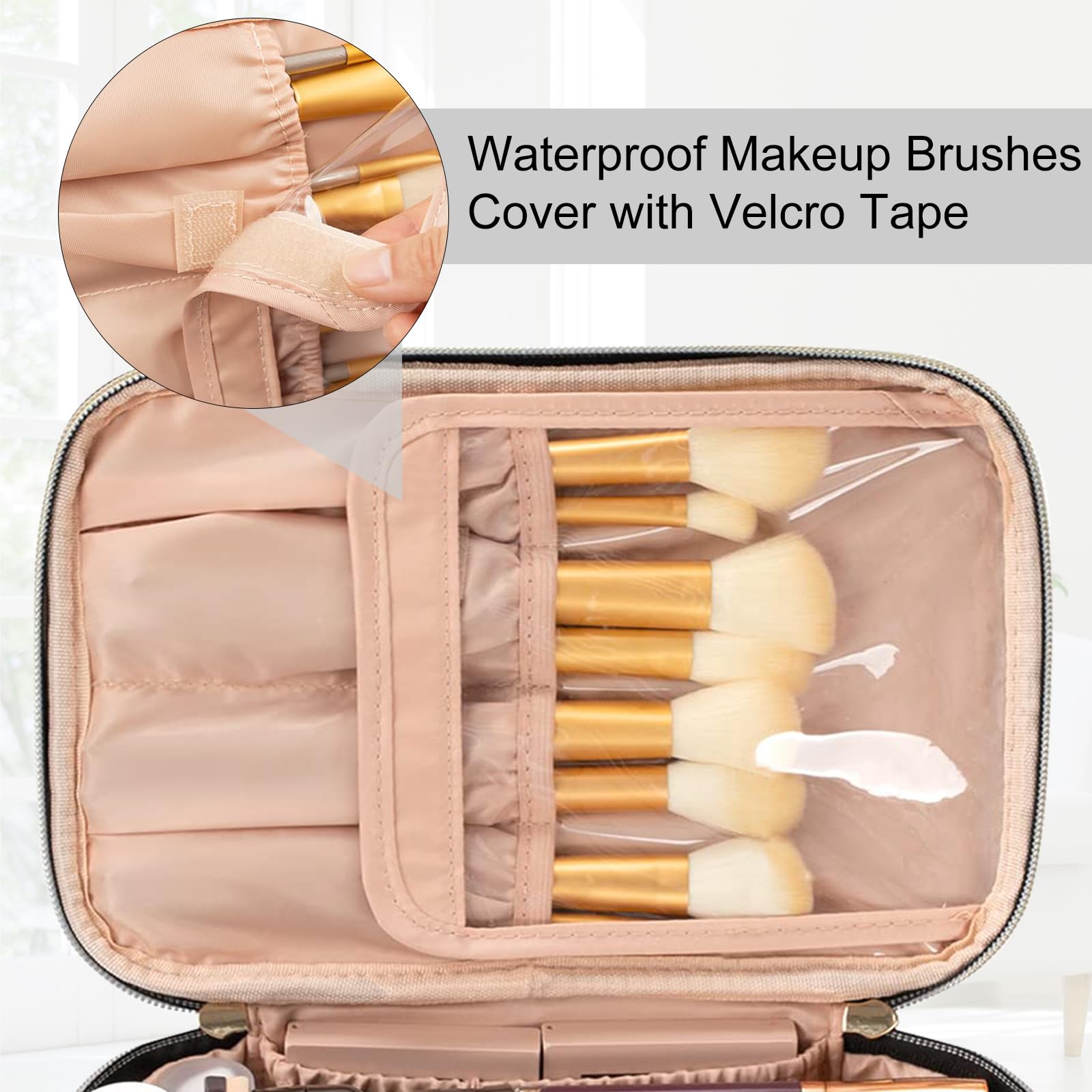 Neceser Maquillaje,Neceser Mujer Grande Viaje con Porta Brochas,Impermeable Bolsa de Maquillaje Organizador con Compartimento (Negro Elegante)