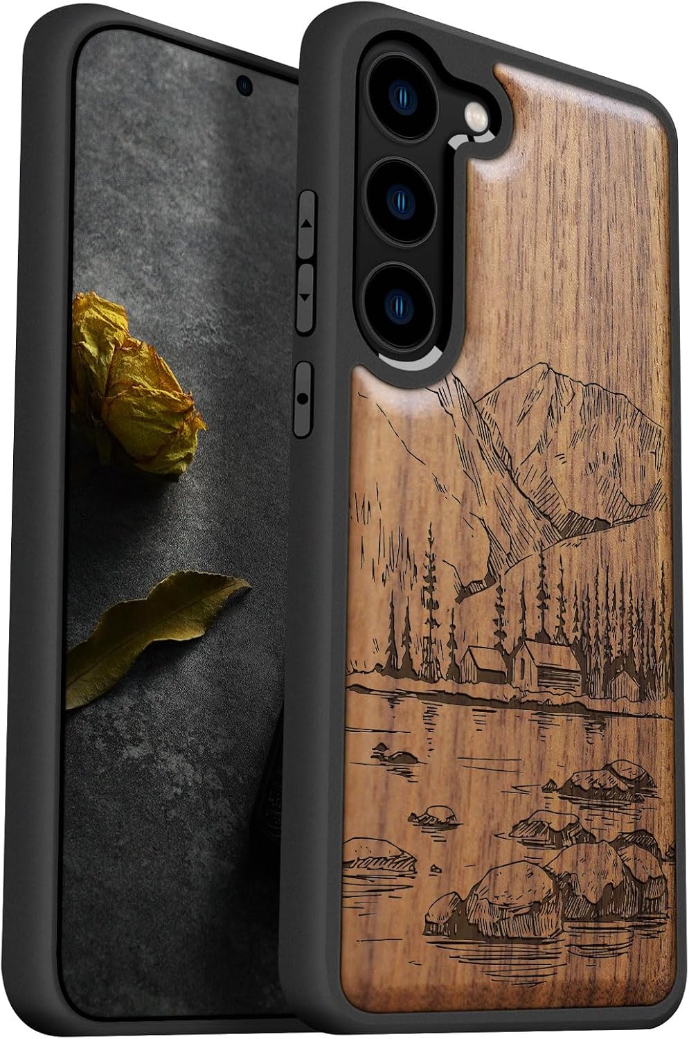 Carveit Wood Case for Galaxy S23 Case [Natural Wood & Black Soft TPU] Shockproof Protective Cover Unique Wooden Design Compatible with Samsung S23 (Lakes and Mountains-Walnut)