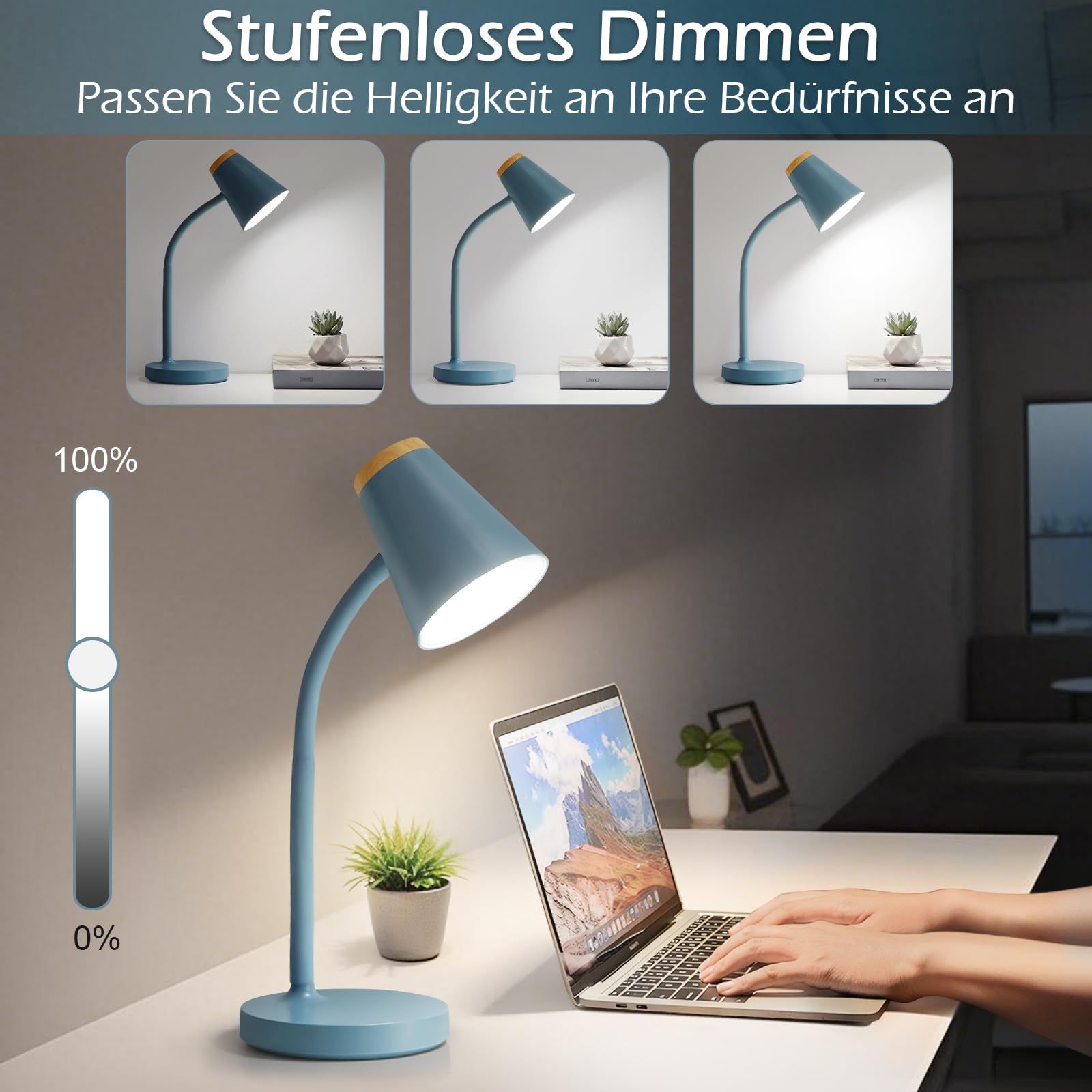 GyroVu Schreibtischlampe LED, Touch Tischlampe Dimmbar Augenschutz, Flexibler Gänsehals Desk Lamp für Kinder, Leselicht für Schlafzimmer, Nachttisch, Studierzimmer, Büros, Blau