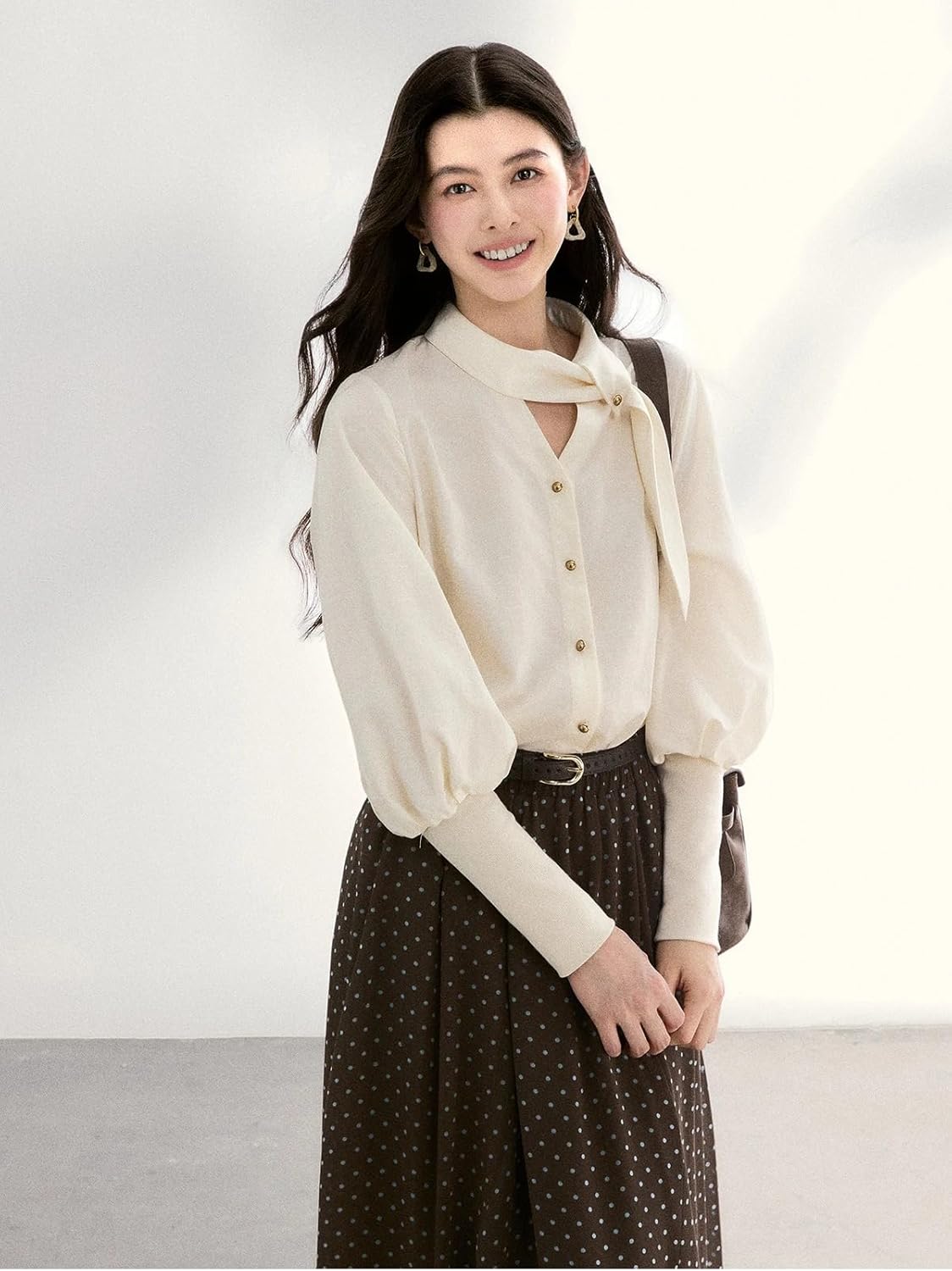 Women's Tie Neck Shirts Spring Hollow-Out Knitted Puff Sleeve Tops Casual Office Shirt for Ladies