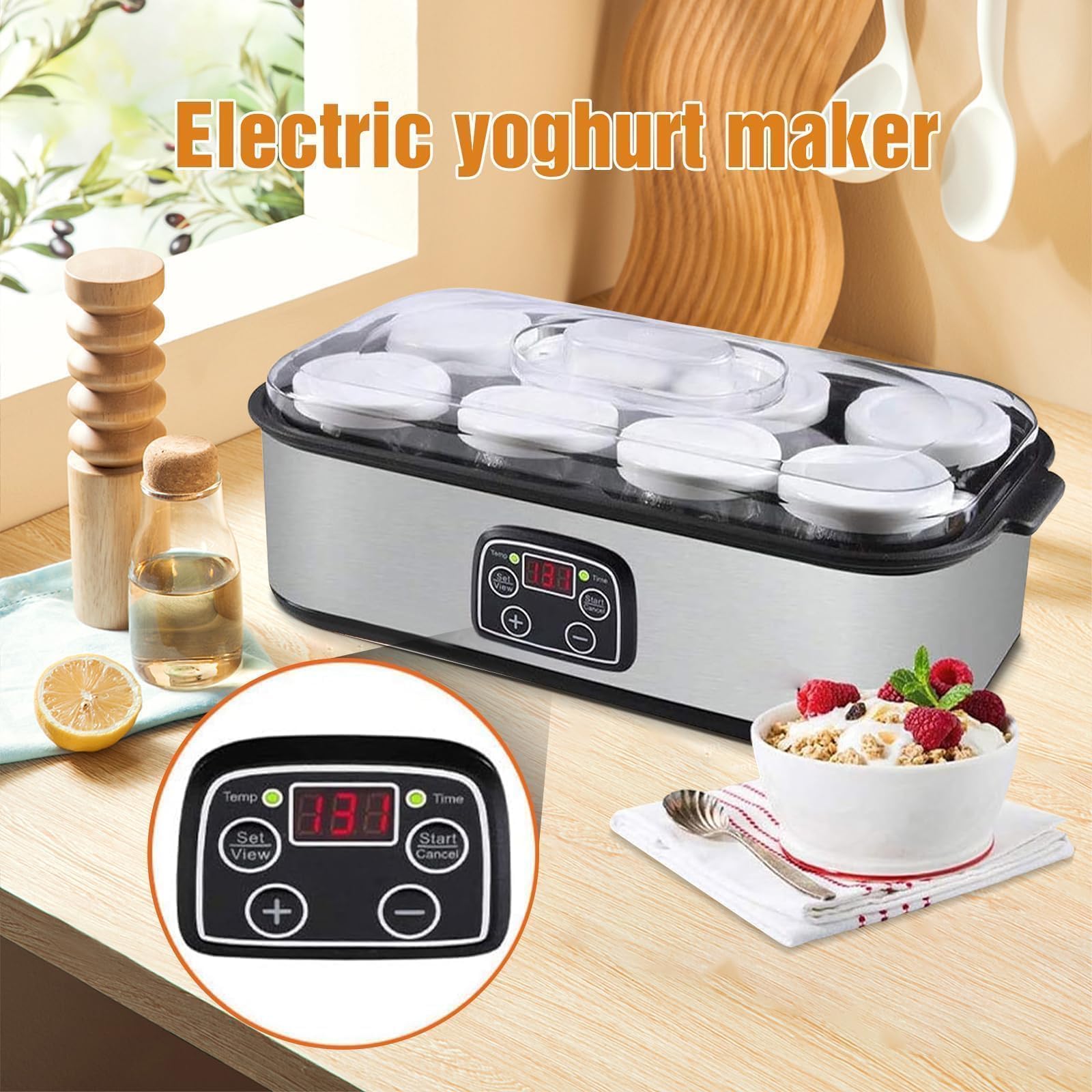 Generico Yogurtiera Automatica 1400ml con 8 Vasetti in Vetro da 180ml Controllo Temperatura e Tempo Regolabile Display LCD per Yogurt Probiotico Casalingo