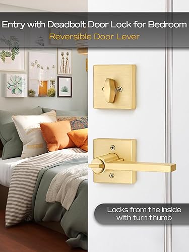 Miniatura 3 de EHOMEWARE Paquete combinado de 2 juegos de manijas de puerta de entrada y cerrojo de un solo cilindro y llave, juego de manijas de bloqueo cuadradas