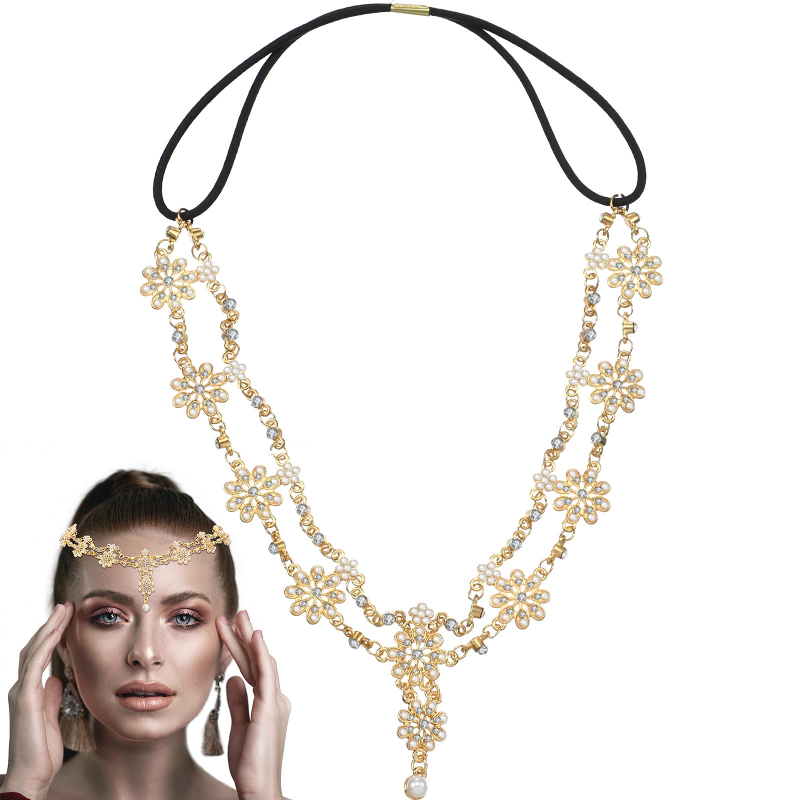 Head Chain Jewelry Headpiece Rhinestone Wedding Headband Headpiece Bohemian Style Rhinestone Headband Diamond Head Chain Hair Accessories for Women Girls Hair Decoration(Gold)