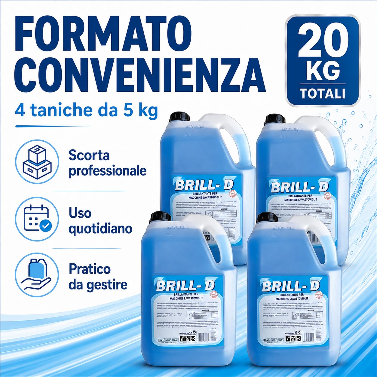 Brillantante Lavastoviglie Professionale 4 x 5 kg, Additivo Liquido per Lavastoviglie, Lavabicchieri e Lavatazzine, Asciugatura Rapida, Stoviglie Brillanti e Senza Aloni
