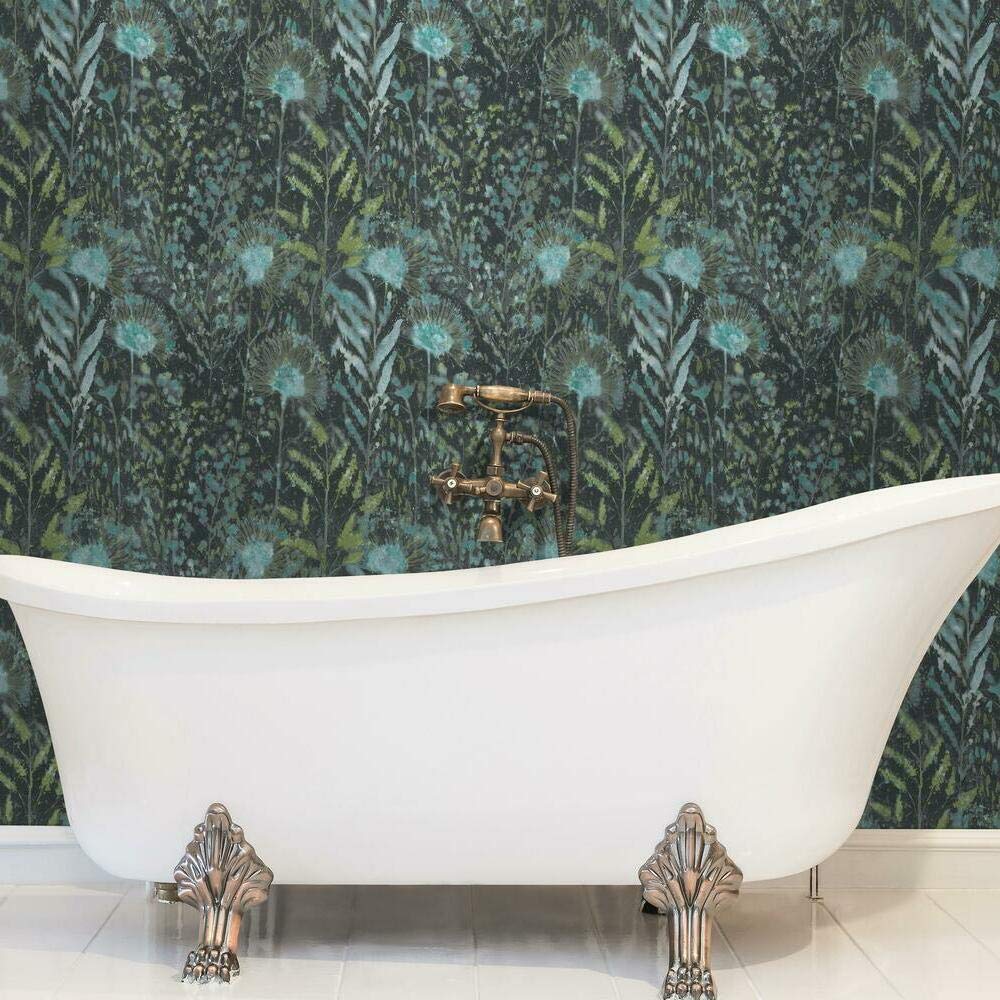 RoomMates RMK11743WP Dandelion Peel and Stick Wallpaper, Black/Teal, 52 x 503 cm - Image 2