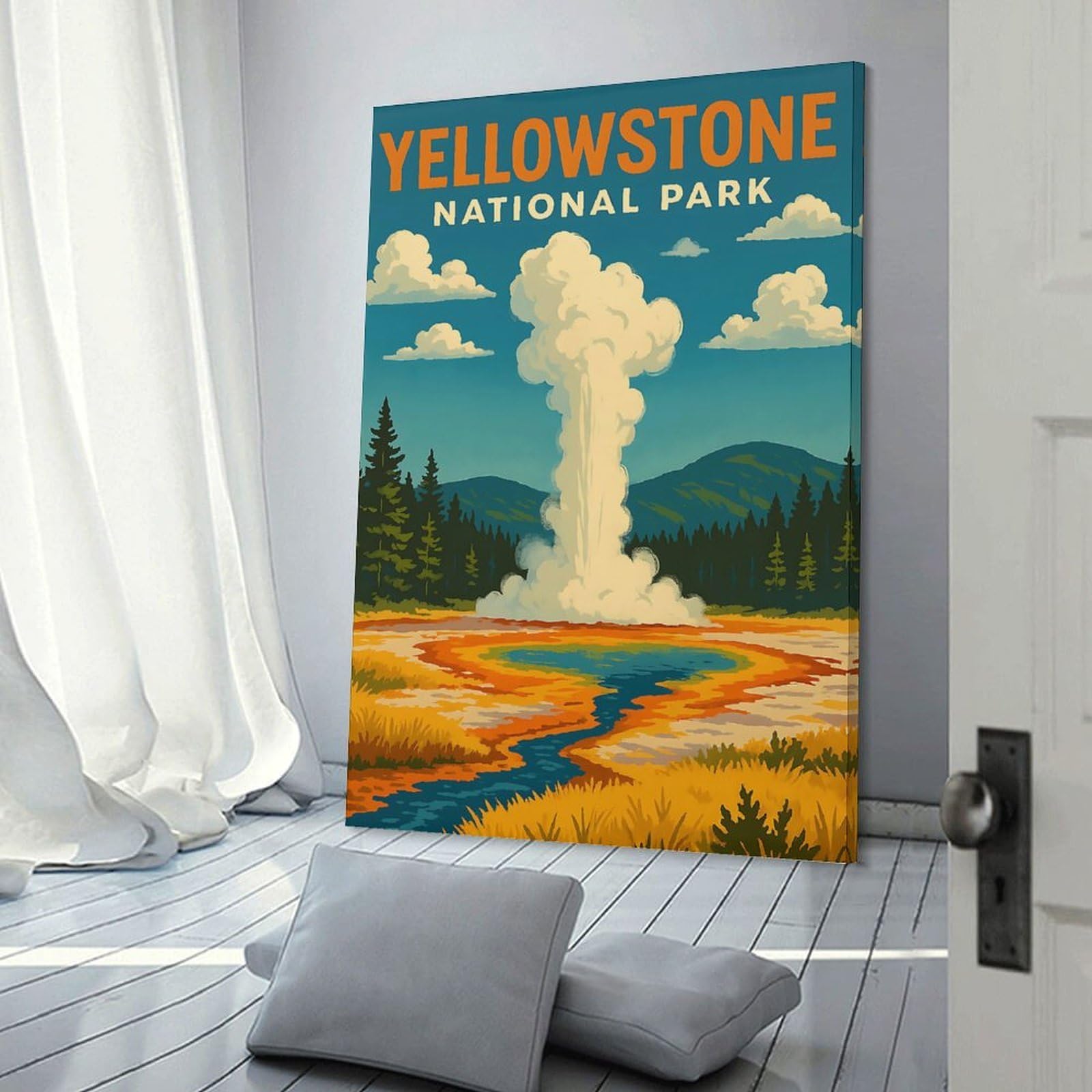 Junmoney Frame-Style-1 Yellowstone National Park Vintage Poster Wall Picture Print, 12X18inch(30X45cm), For Wall Displays, Bedrooms Or Room Updates, Decorative Artwork With Flexible Styling