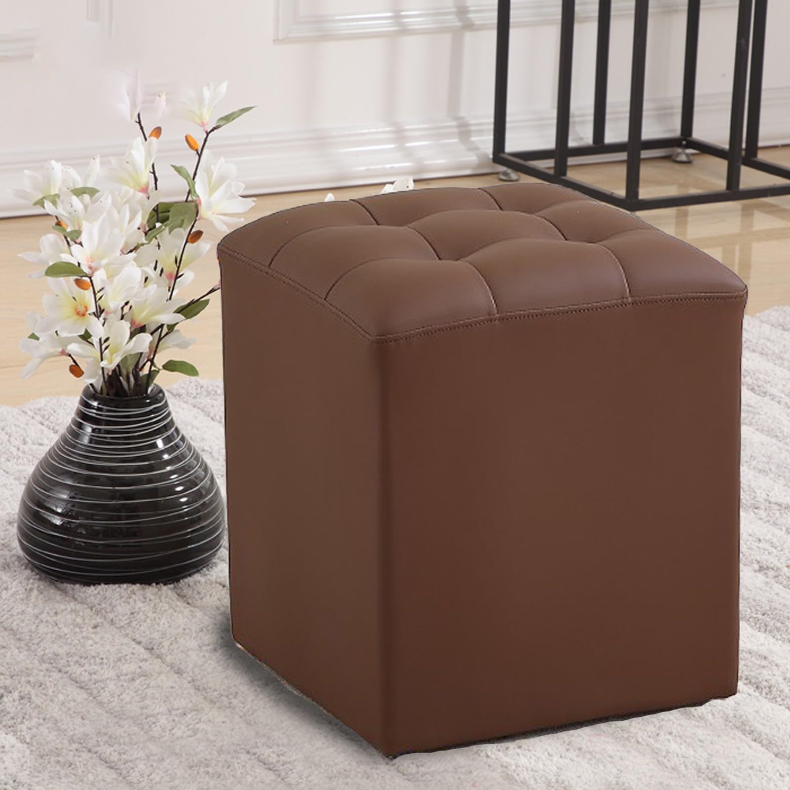 Pouf carré similicuir rembourré - Tabouret de bureau et repose-pieds fixe