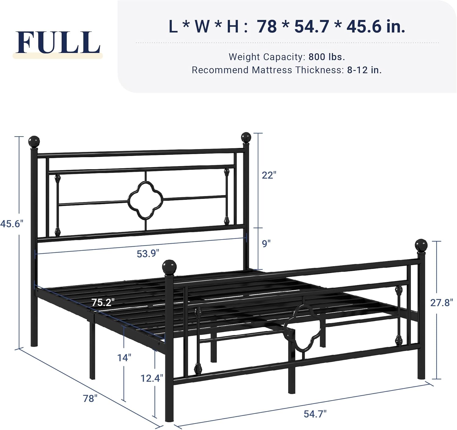 Detailed diagram showing the dimensions of the Allewie Full Size Metal Platform Bed Frame