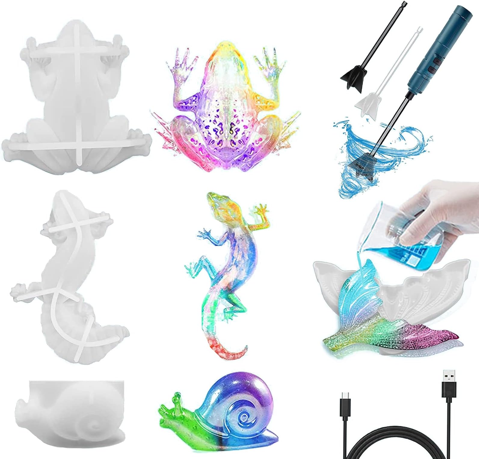 Amazon.com: 4Pcs Animal Silicone Molds Set+ Mixer,3D Epoxy Resin Mold ...