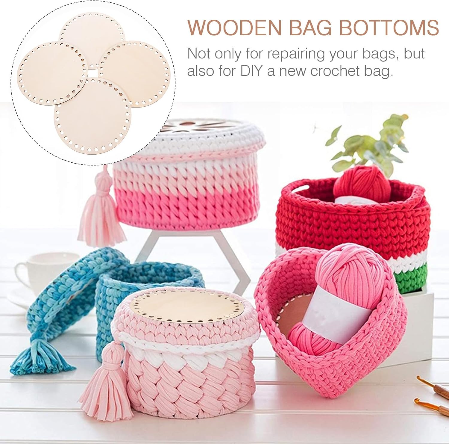 ARTIBETTER Wooden Crochet Bag Bottom Base 4 Pack Round 5.9 Inch with Holes for DIY Knitting Crochet Craft Basket Making
