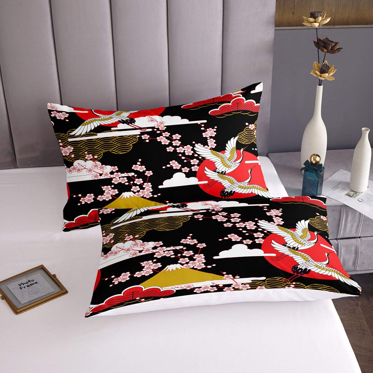 Loussiesd Crane Duvet Cover King Size Girls Japanese-Style Bedding Set Girly Cherry Blossoms Pattern Teens Women Comforter Cover Soft Japanese Traditional Pattern Decor Comforter Set including Zipper Ties - Image 2